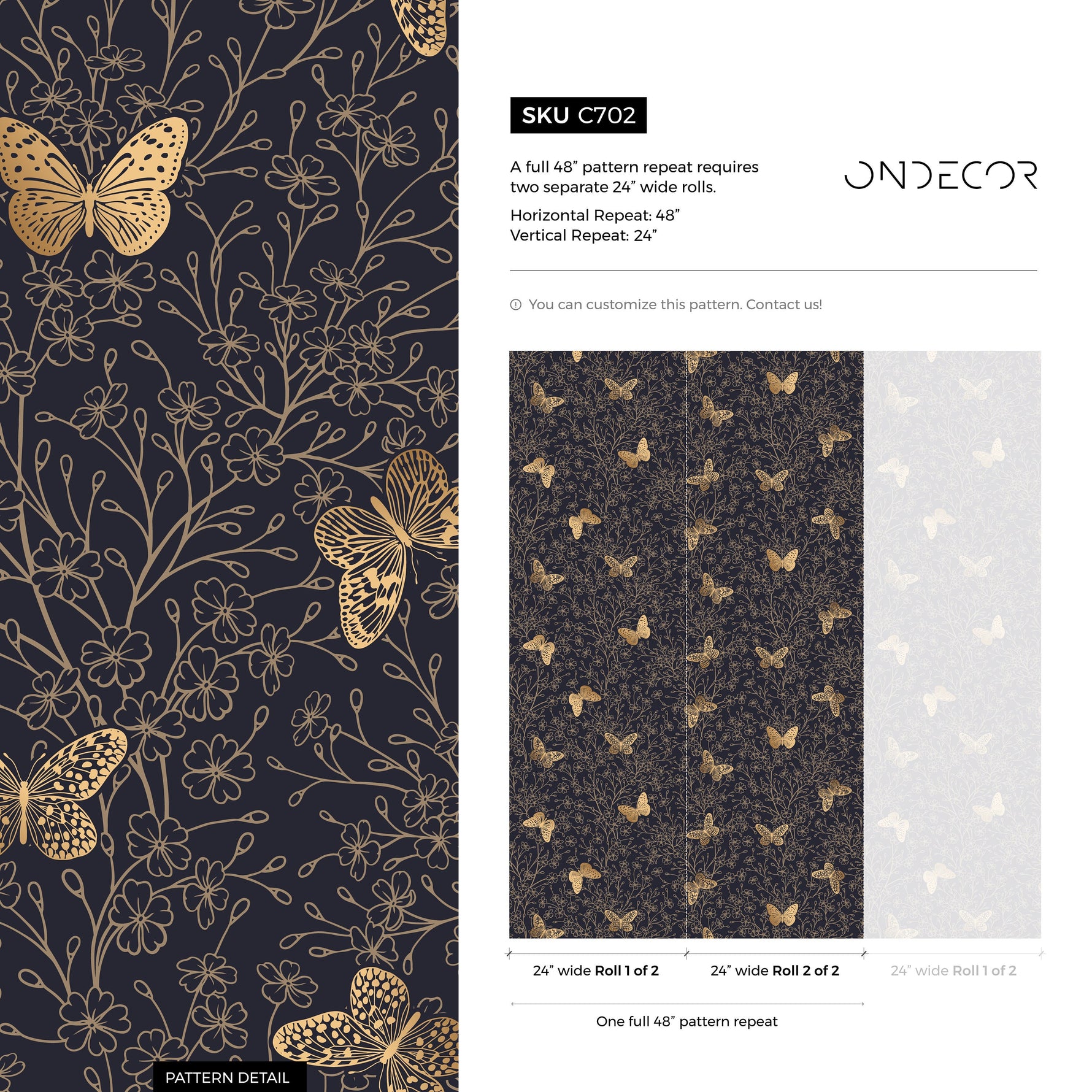 Gold and Navy Butterfly Floral / Peel and Stick Wallpaper Removable Wallpaper Home Decor Wall Art Wall Decor Room Decor - C702