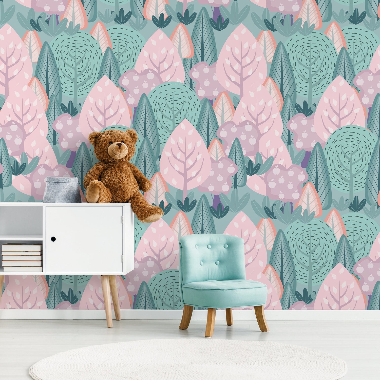 Wall Decor Wallpaper Peel and Stick Wallpaper Removable Wallpaper Home Decor Wall Art Room Decor/ Pink and Green Forest Kids Wallpaper -B747