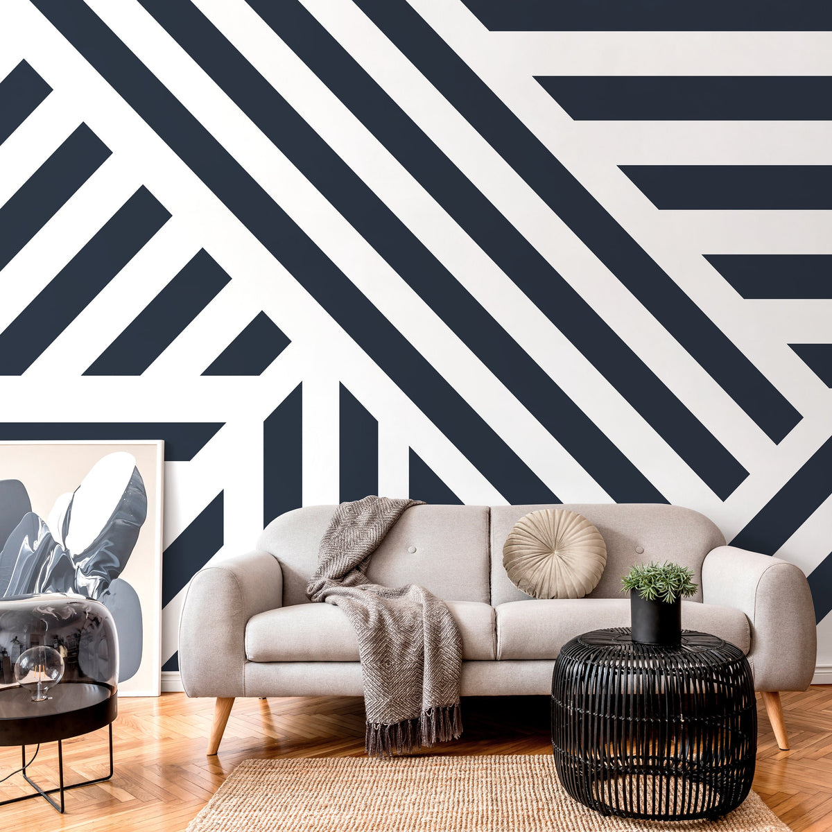 Navy Geometric Wallpaper Modern Striped Wallpaper Peel and Stick and Traditional Wallpaper - D731