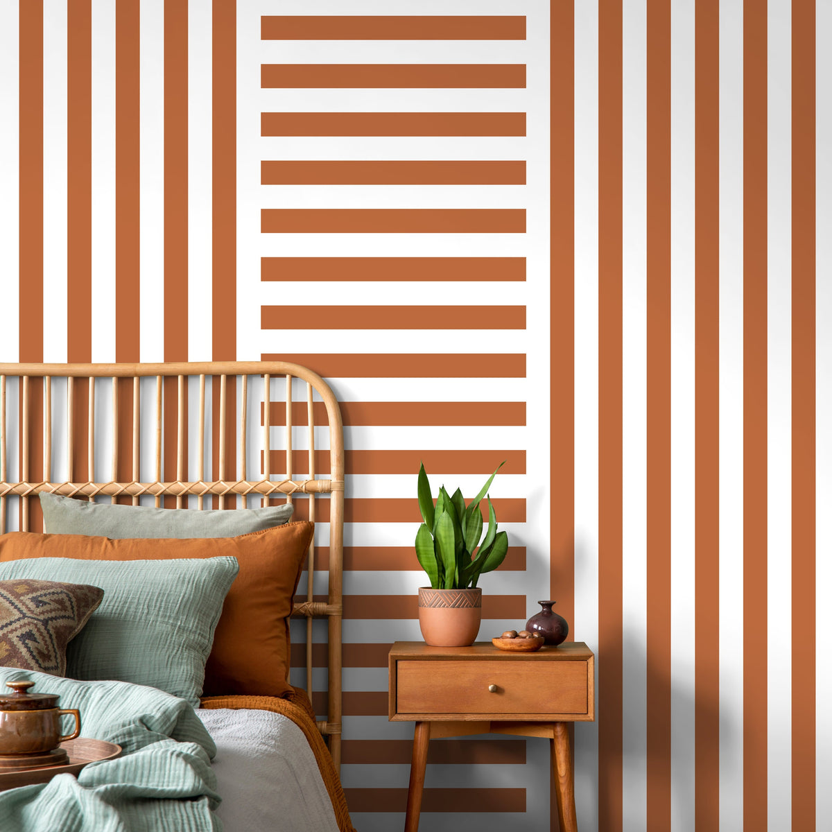 Terracotta Striped Wallpaper Modern Geometric Wallpaper Peel and Stick and Traditional Wallpaper - D739