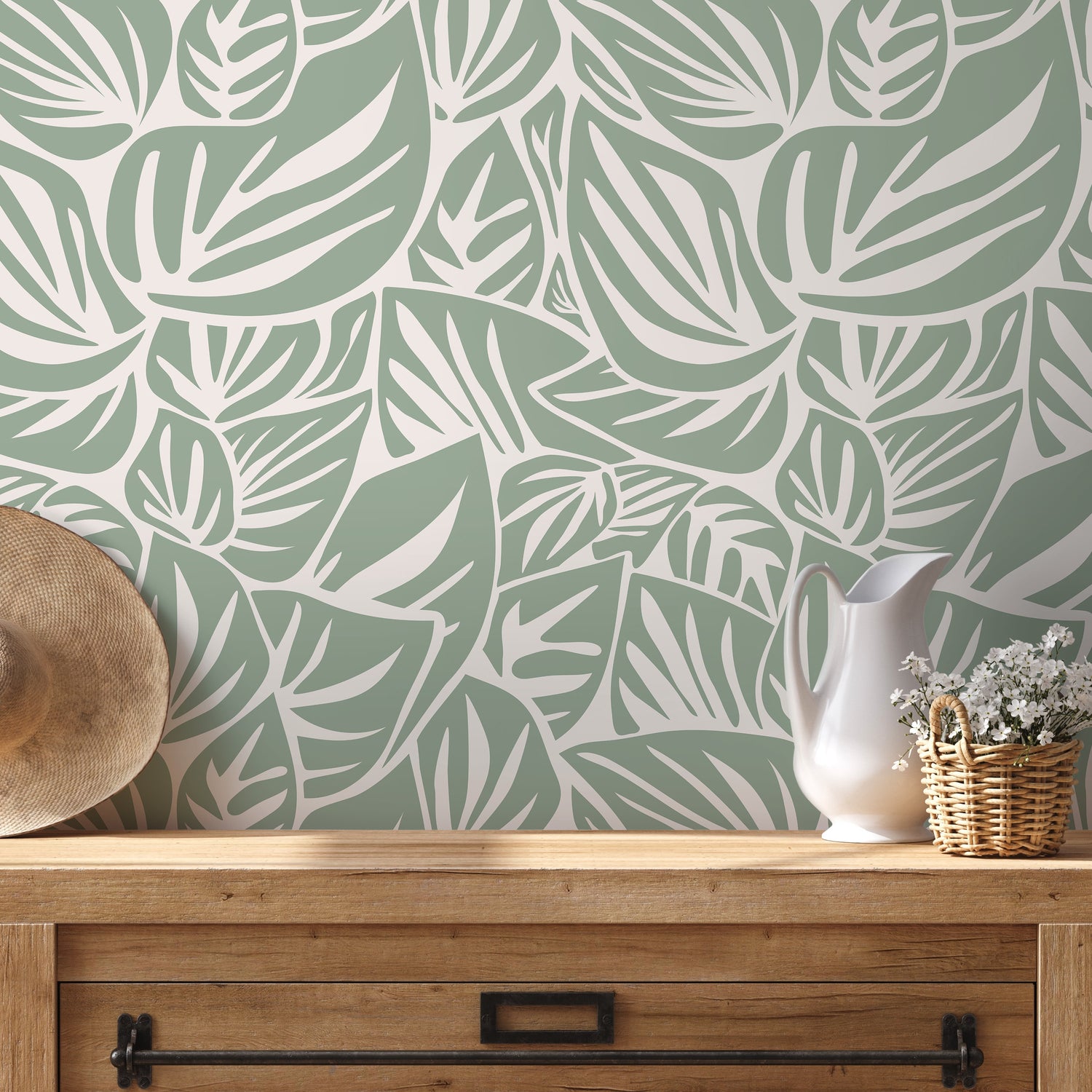 Light Green Leaf Wallpaper Modern Wallpaper Peel and Stick and Traditional Wallpaper - D651