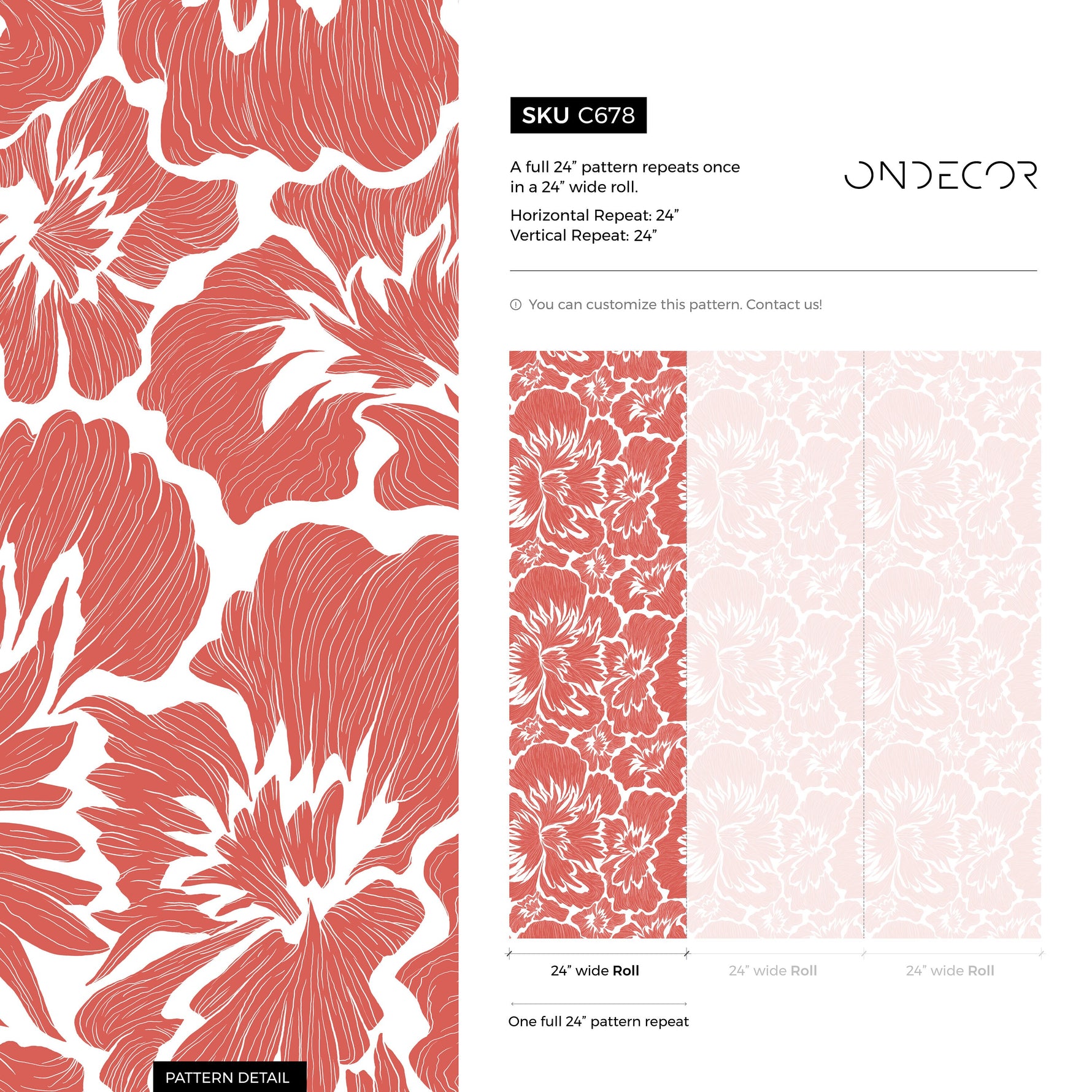 Coral Bold Floral Wallpaper / Peel and Stick Wallpaper Removable Wallpaper Home Decor Wall Art Wall Decor Room Decor - C678