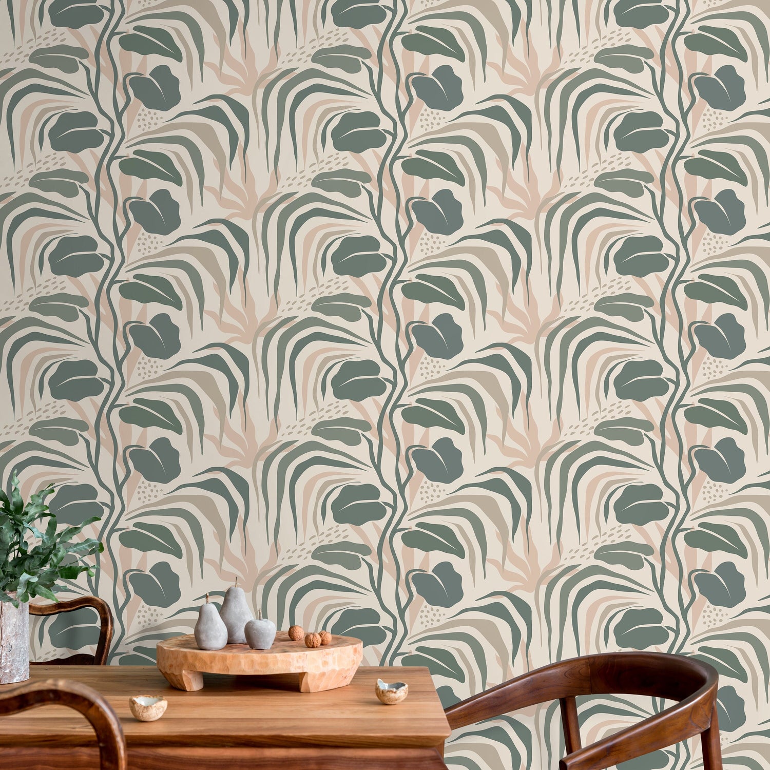 Tropical Green Leaves Wallpaper Boho Wallpaper Peel and Stick and Traditional Wallpaper - D720