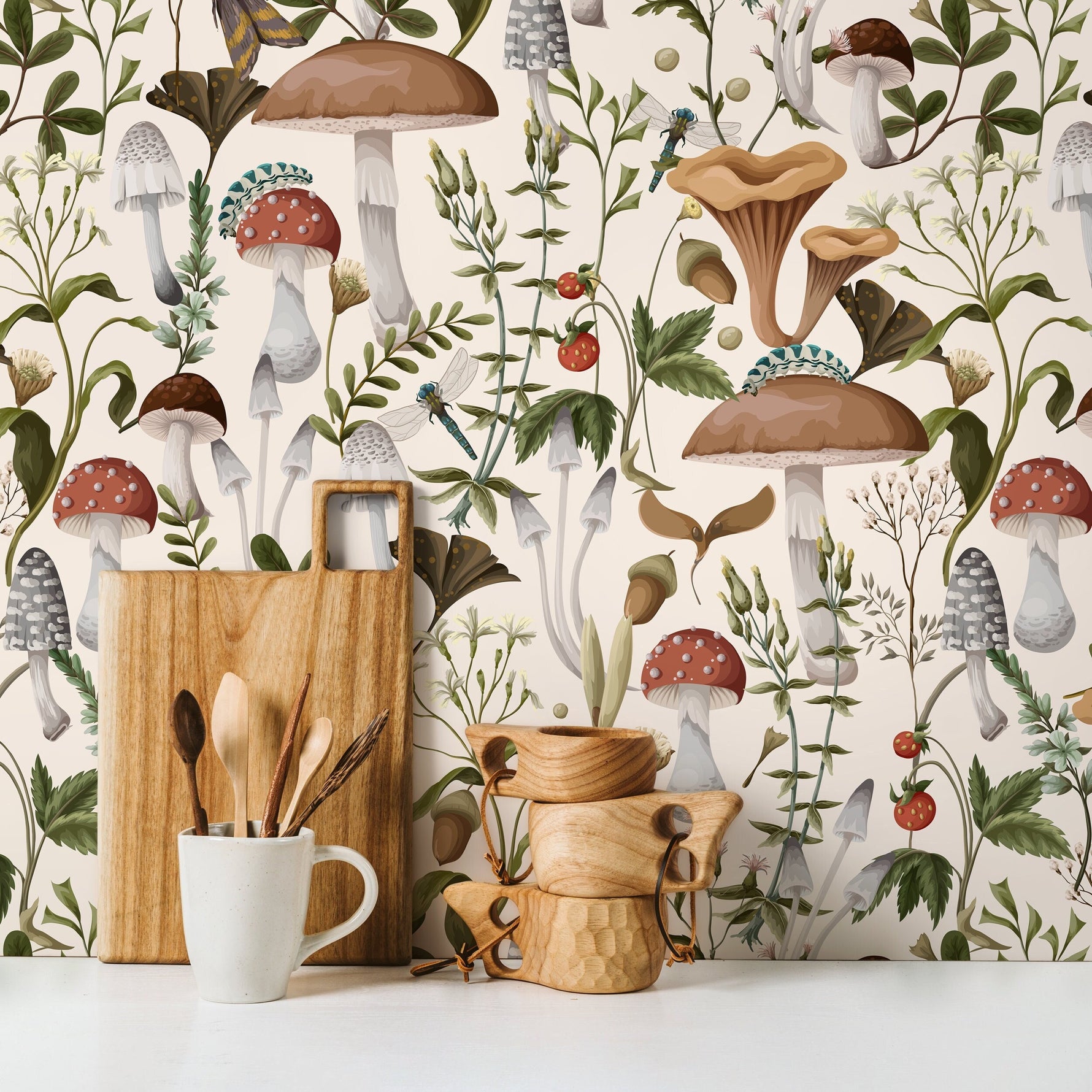 Vintage Mushroom Wallpaper Botanical Wallpaper Peel and Stick and Traditional Wallpaper - D817