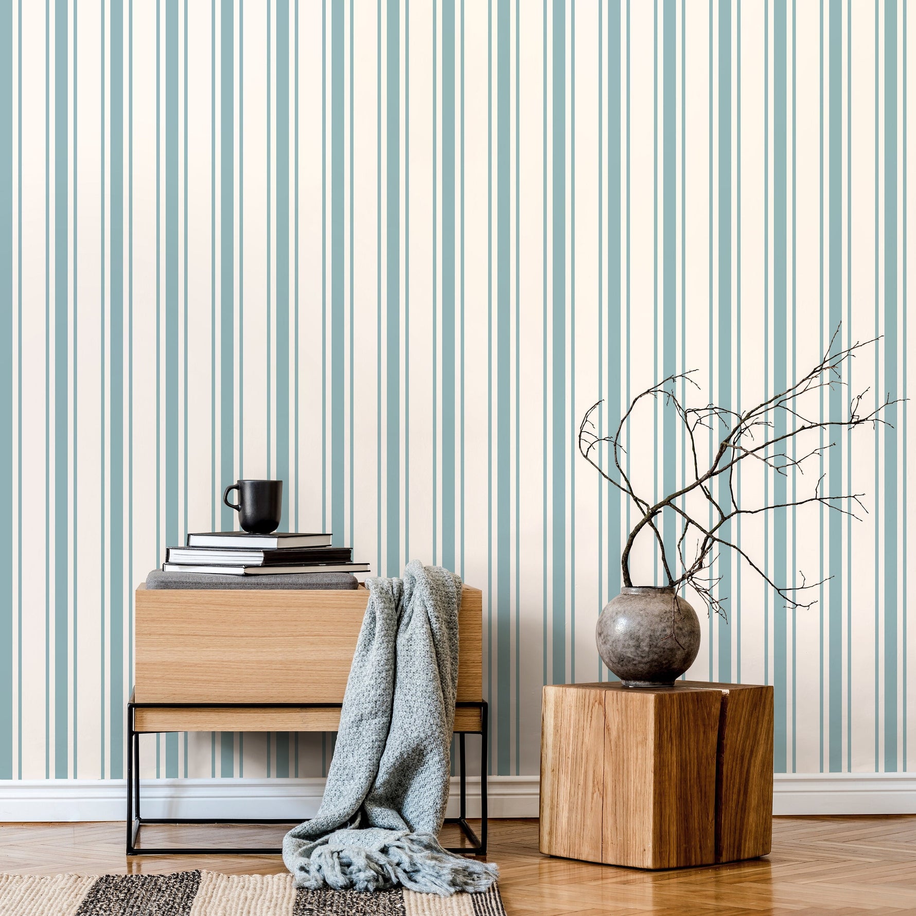 Light Blue Striped Wallpaper Vintage Wallpaper Peel and Stick and Traditional Wallpaper - D758