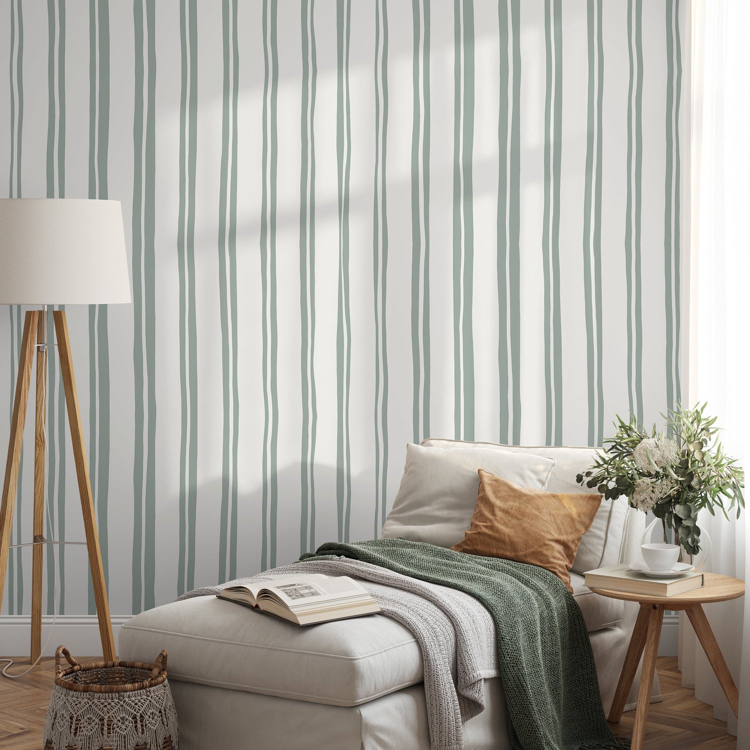 Light Green Lines Wallpaper Boho Striped Wallpaper Peel and Stick and Traditional Wallpaper - D764