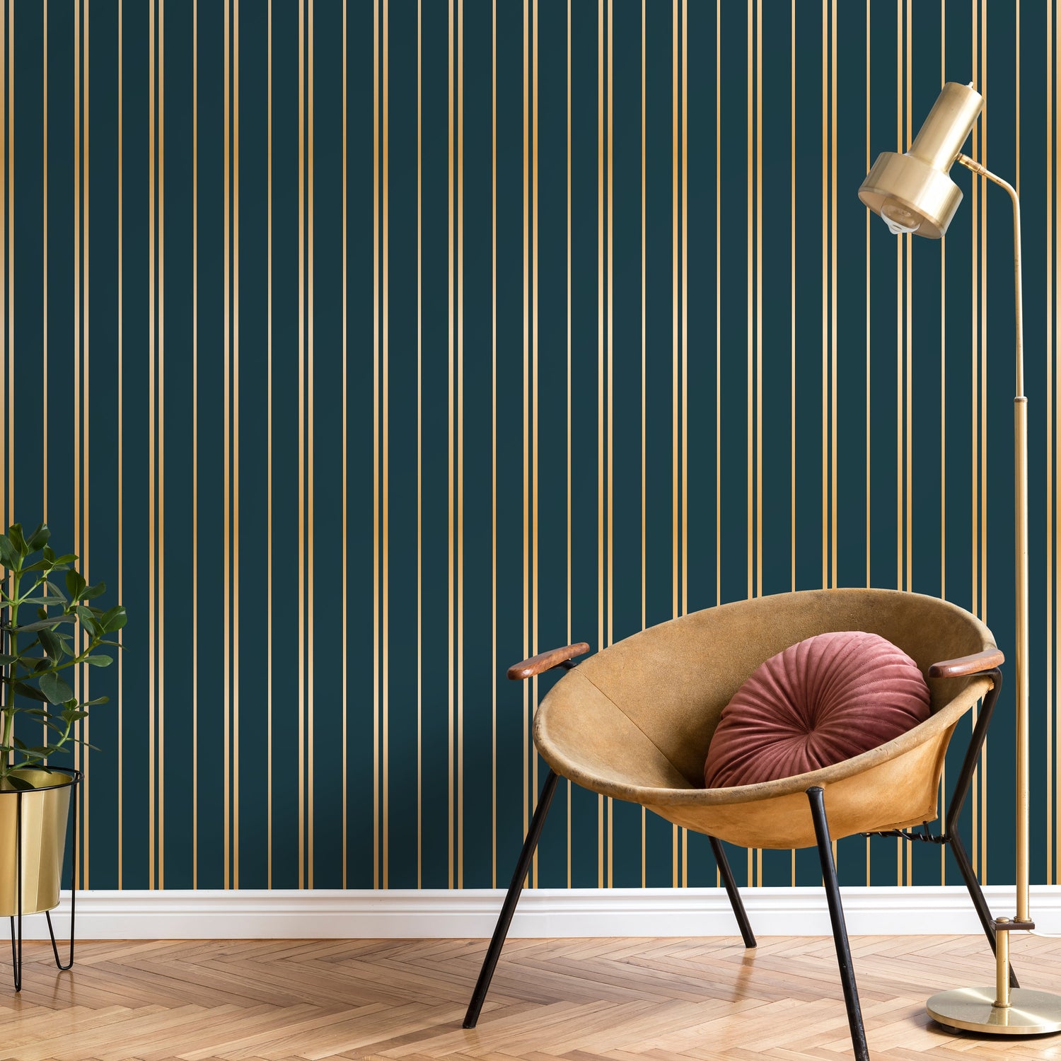 Gold and Green Wallpaper Striped Wallpaper Peel and Stick and Traditional Wallpaper - D770