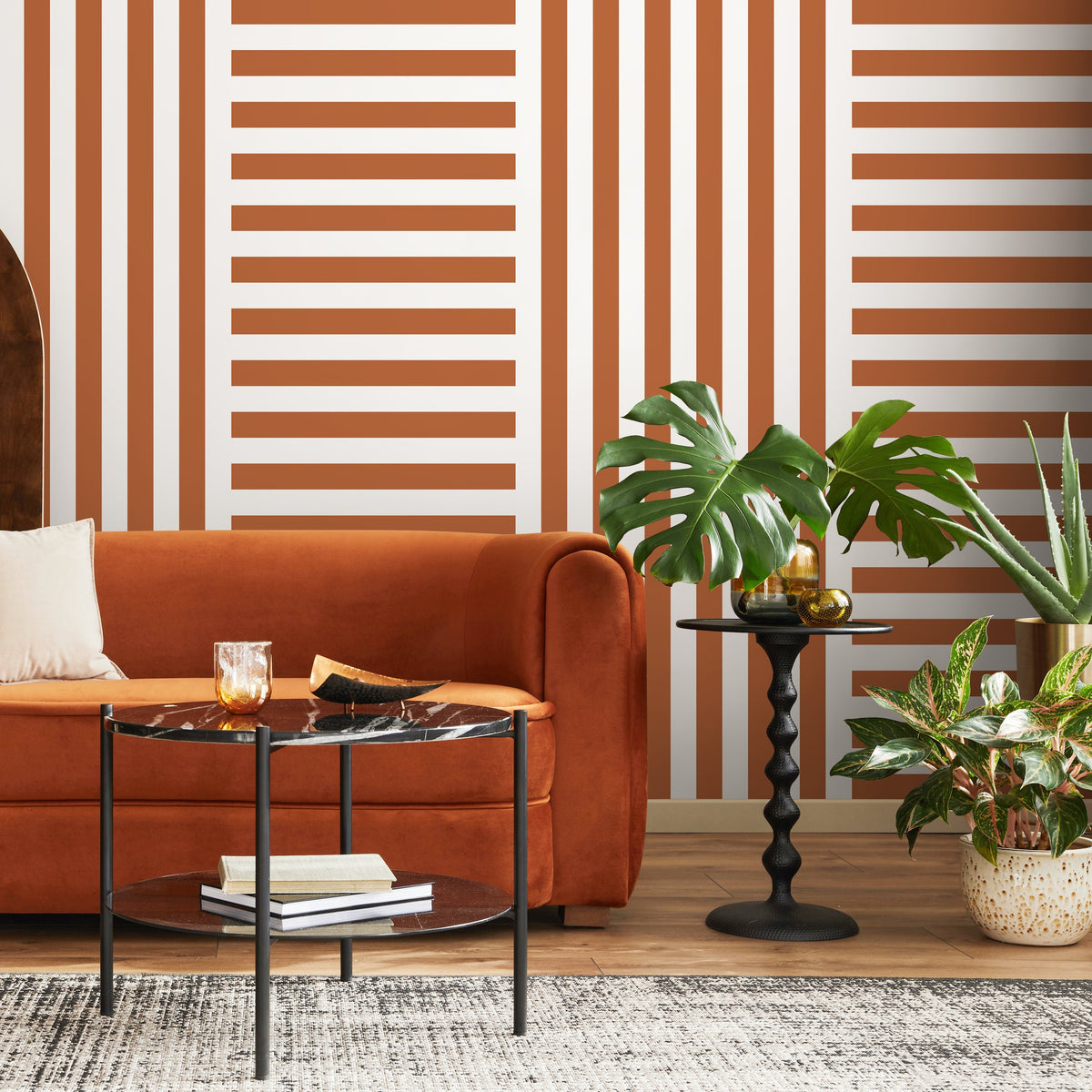 Terracotta Striped Wallpaper Modern Geometric Wallpaper Peel and Stick and Traditional Wallpaper - D739