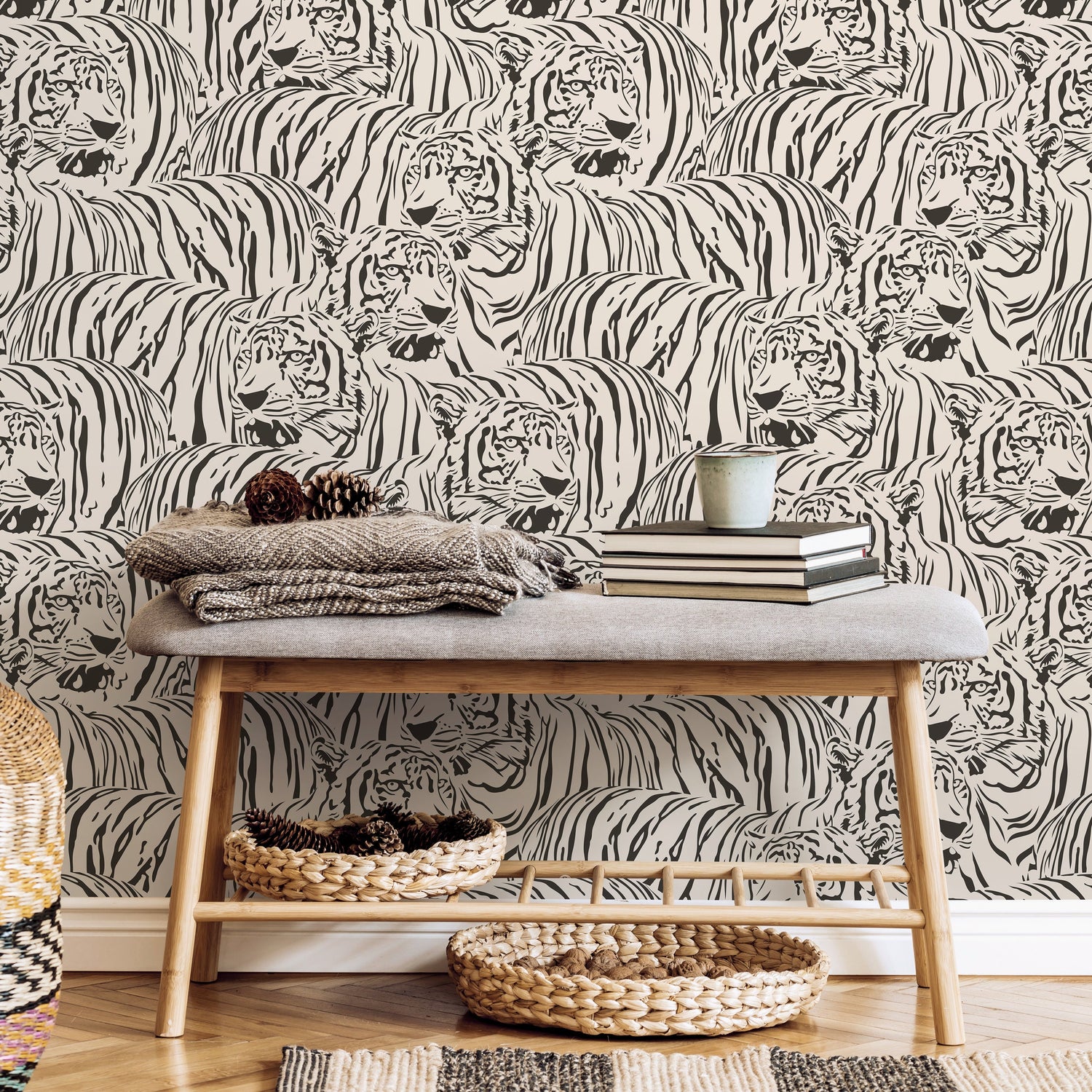 Neutral Boho Tiger Wallpaper Removable Peel and Stick Wallpaper, Animal Print Repositionable Peel and Stick Wallpaper - ZADZ