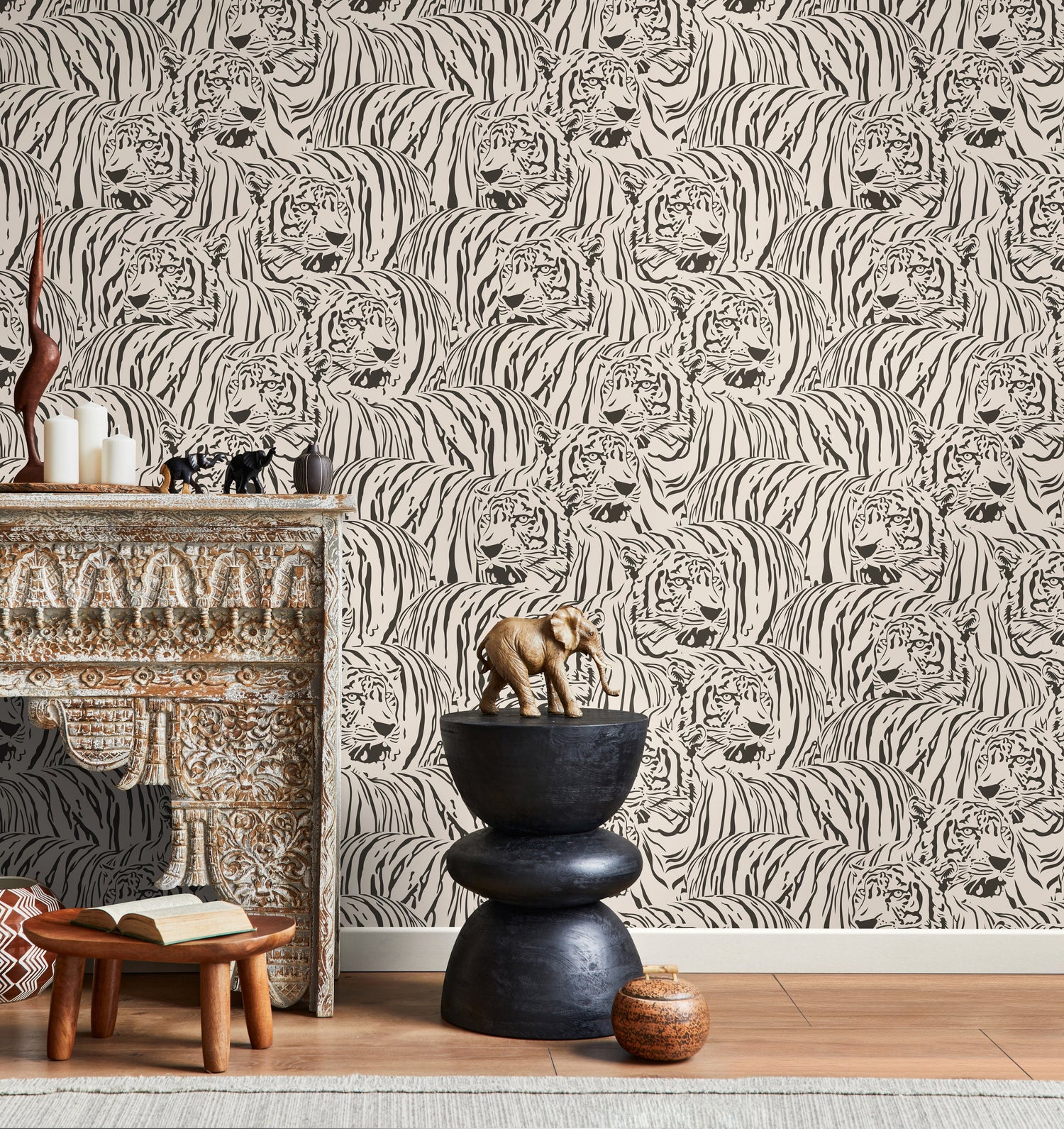 Neutral Boho Tiger Wallpaper Removable Peel and Stick Wallpaper, Animal Print Repositionable Peel and Stick Wallpaper - ZADZ