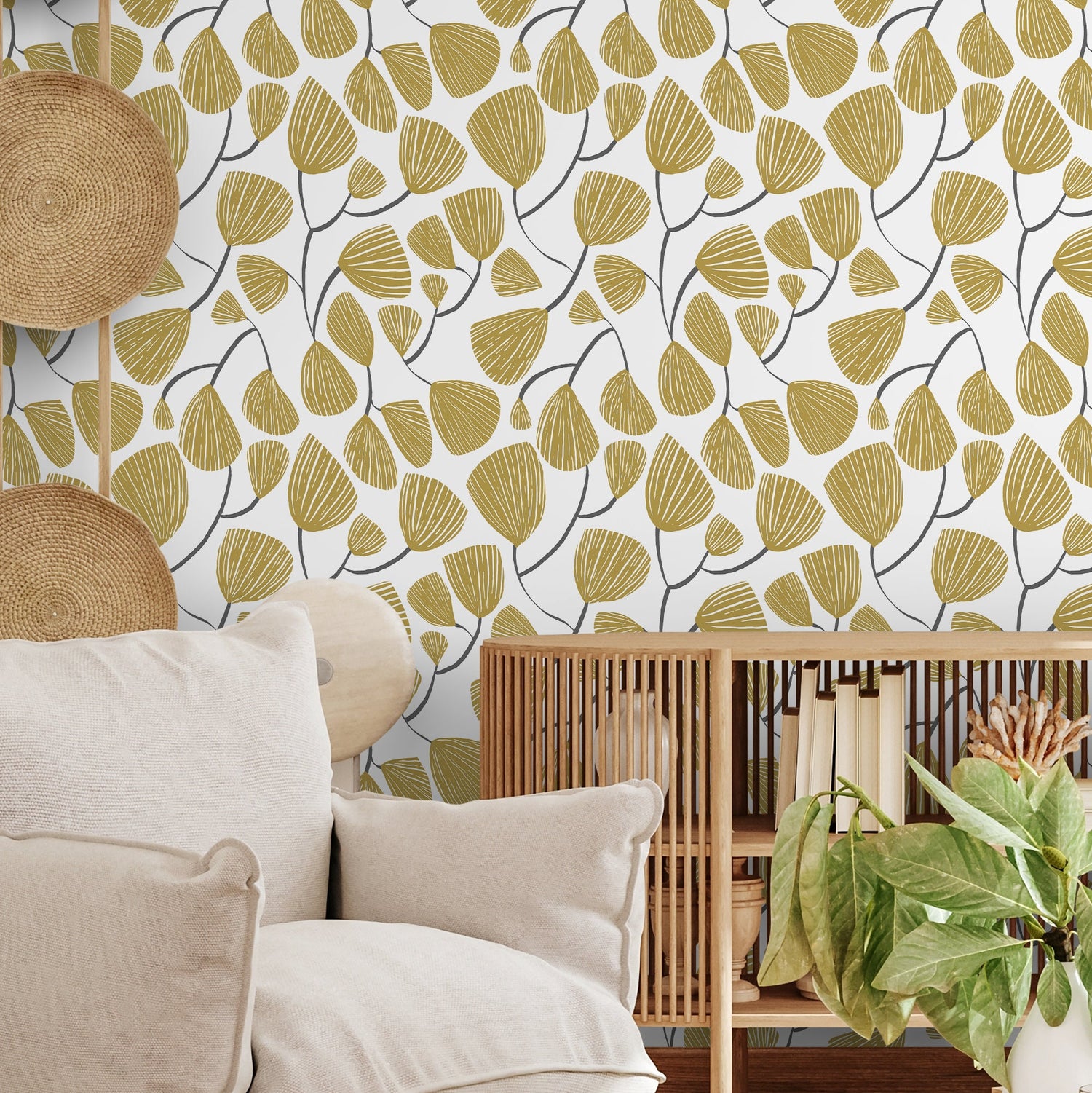 Yellow Floral Wallpaper / Peel and Stick Wallpaper Removable Wallpaper Home Decor Wall Art Wall Decor Room Decor - C631