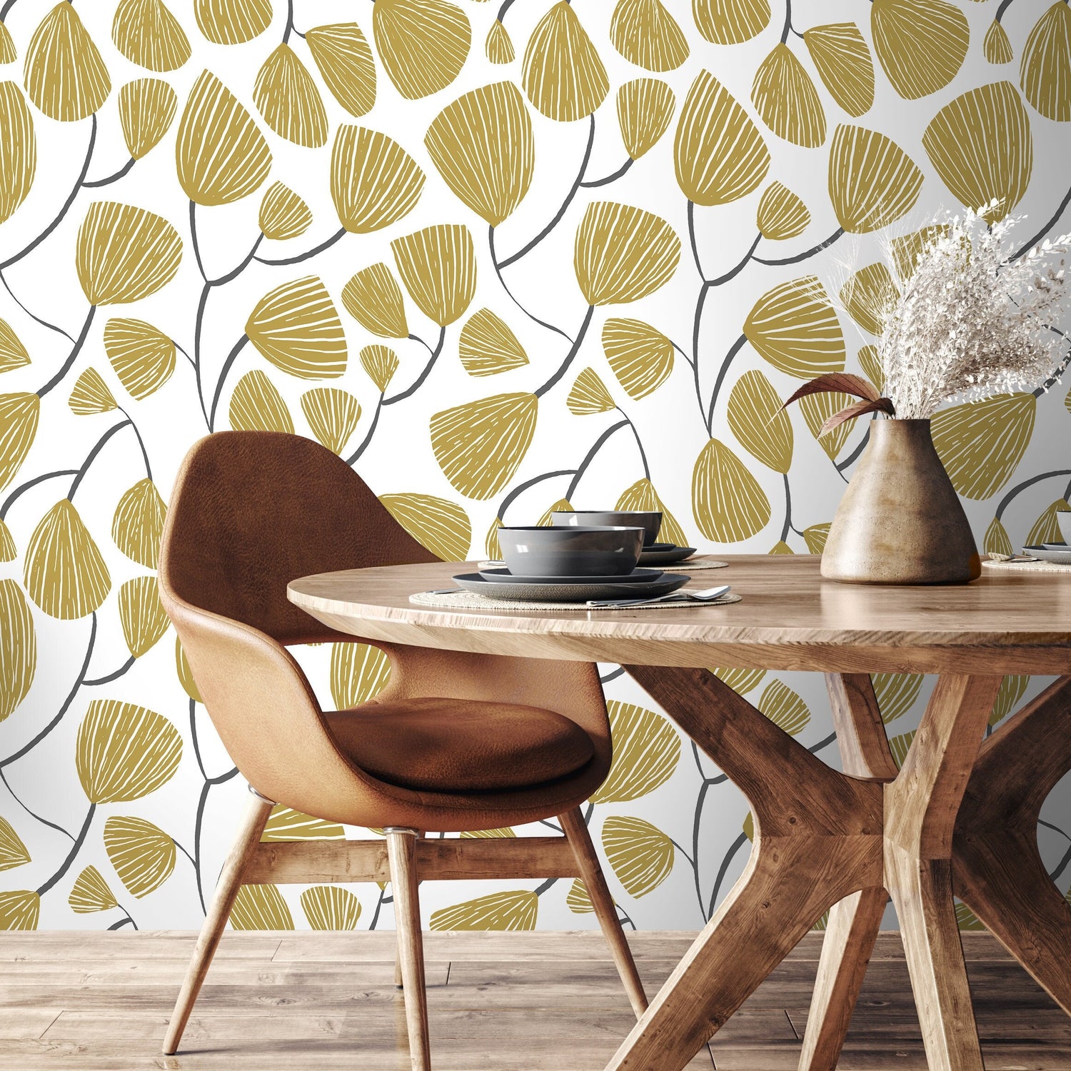 Yellow Floral Wallpaper / Peel and Stick Wallpaper Removable Wallpaper Home Decor Wall Art Wall Decor Room Decor - C631