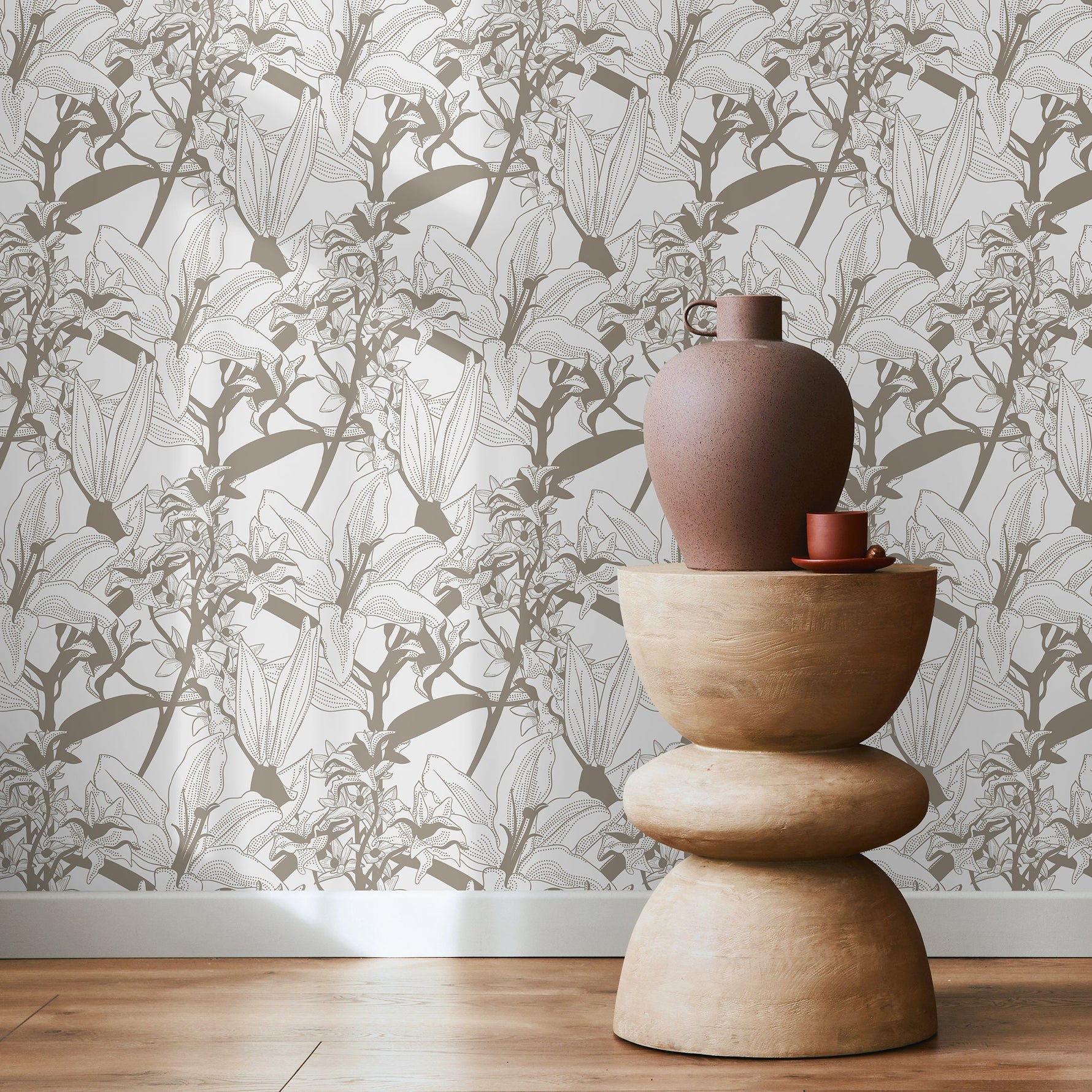 Brown Lily Floral Wallpaper / Peel and Stick Wallpaper Removable Wallpaper Home Decor Wall Art Wall Decor Room Decor - C777