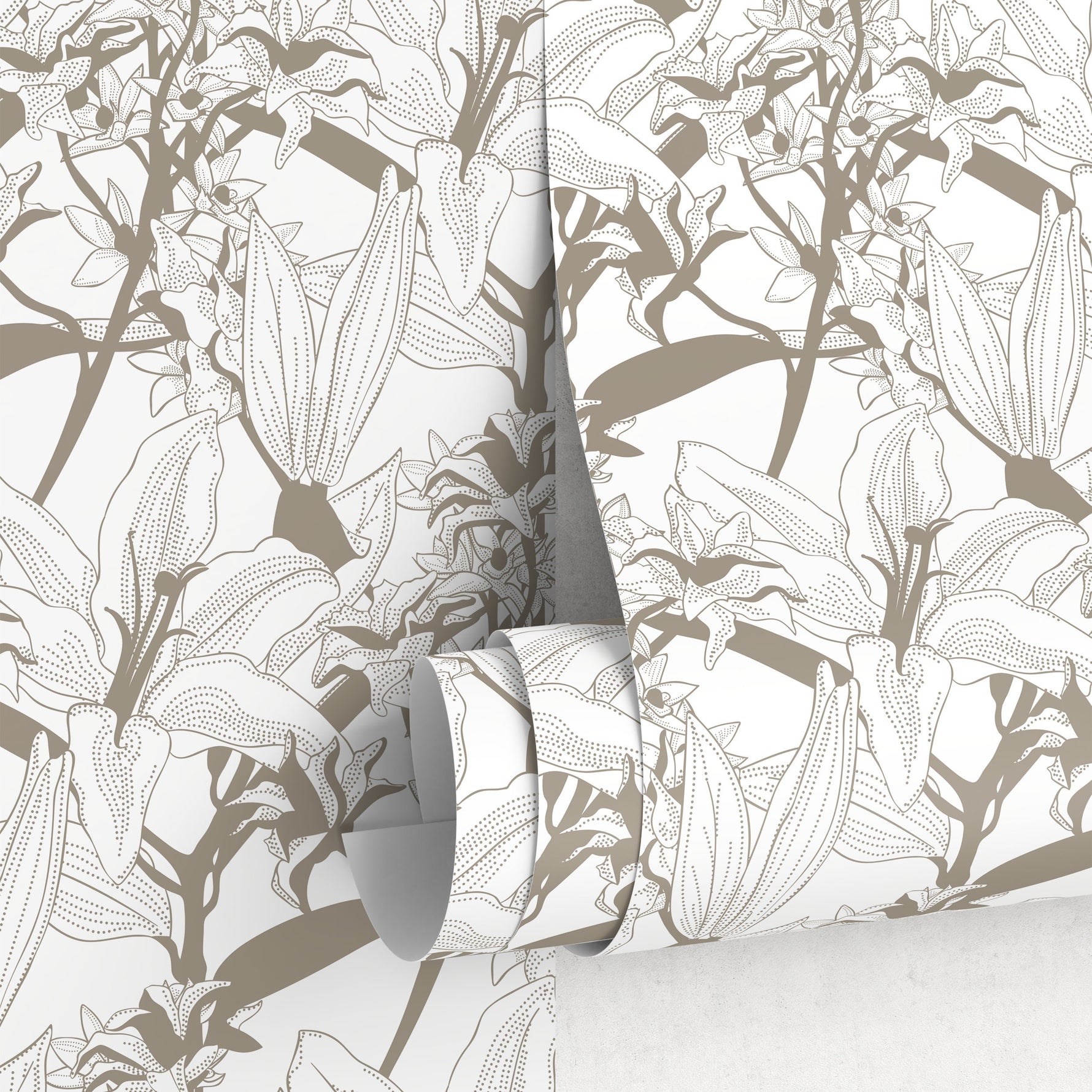 Brown Lily Floral Wallpaper / Peel and Stick Wallpaper Removable Wallpaper Home Decor Wall Art Wall Decor Room Decor - C777