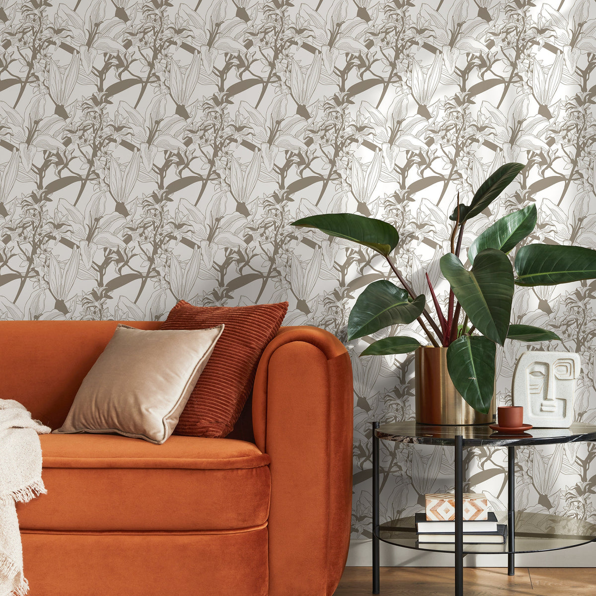 Brown Lily Floral Wallpaper / Peel and Stick Wallpaper Removable Wallpaper Home Decor Wall Art Wall Decor Room Decor - C777