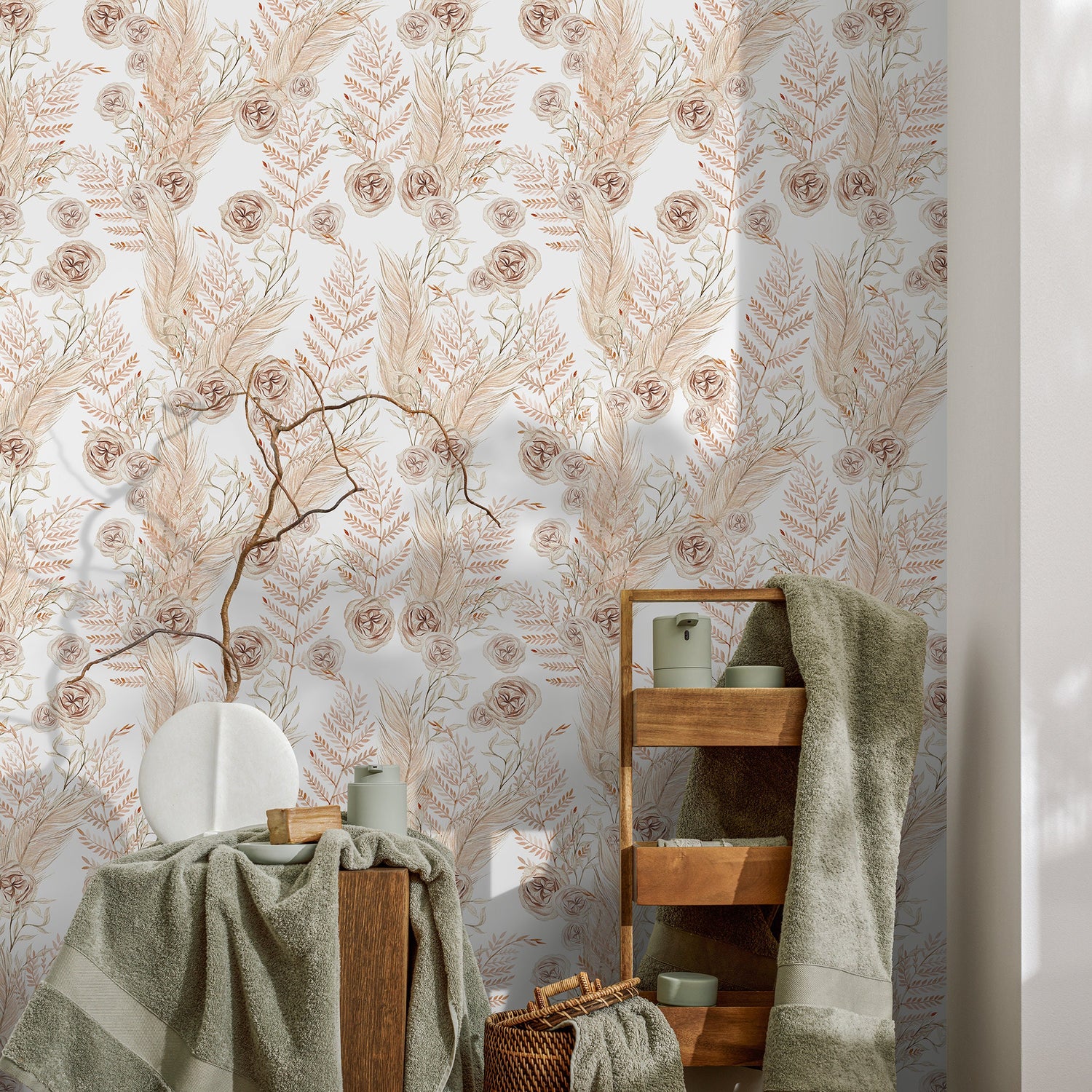 Neutral Boho Flower Wallpaper / Peel and Stick Wallpaper Removable Wallpaper Home Decor Wall Art Wall Decor Room Decor - C788