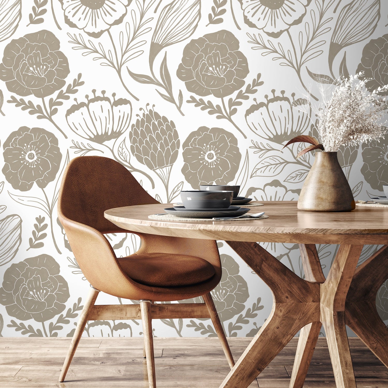 Beige Floral Garden Boho Wallpaper / Peel and Stick Wallpaper Removable Wallpaper Home Decor Wall Art Wall Decor Room Decor - D946