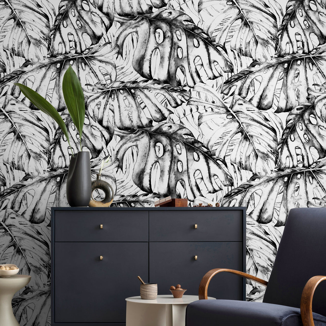 Wall Decor Wallpaper Peel and Stick Wallpaper Removable Wallpaper Home Decor Wall Art Room Decor / Black and White Leaves Wallpaper - B778