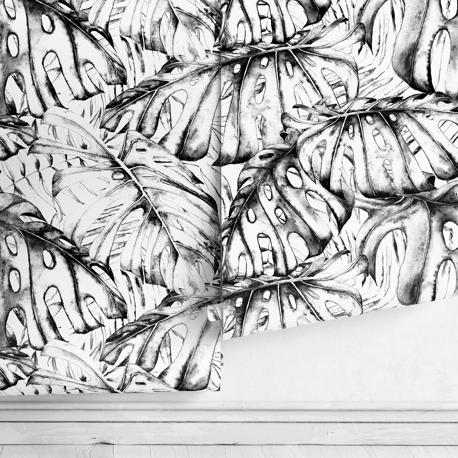 Wall Decor Wallpaper Peel and Stick Wallpaper Removable Wallpaper Home Decor Wall Art Room Decor / Black and White Leaves Wallpaper - B778