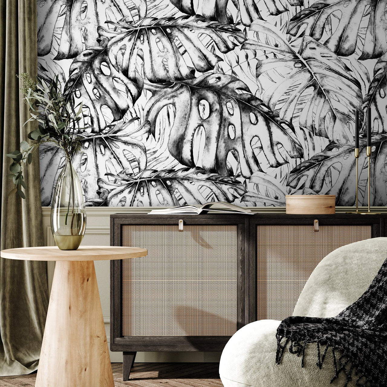 Wall Decor Wallpaper Peel and Stick Wallpaper Removable Wallpaper Home Decor Wall Art Room Decor / Black and White Leaves Wallpaper - B778