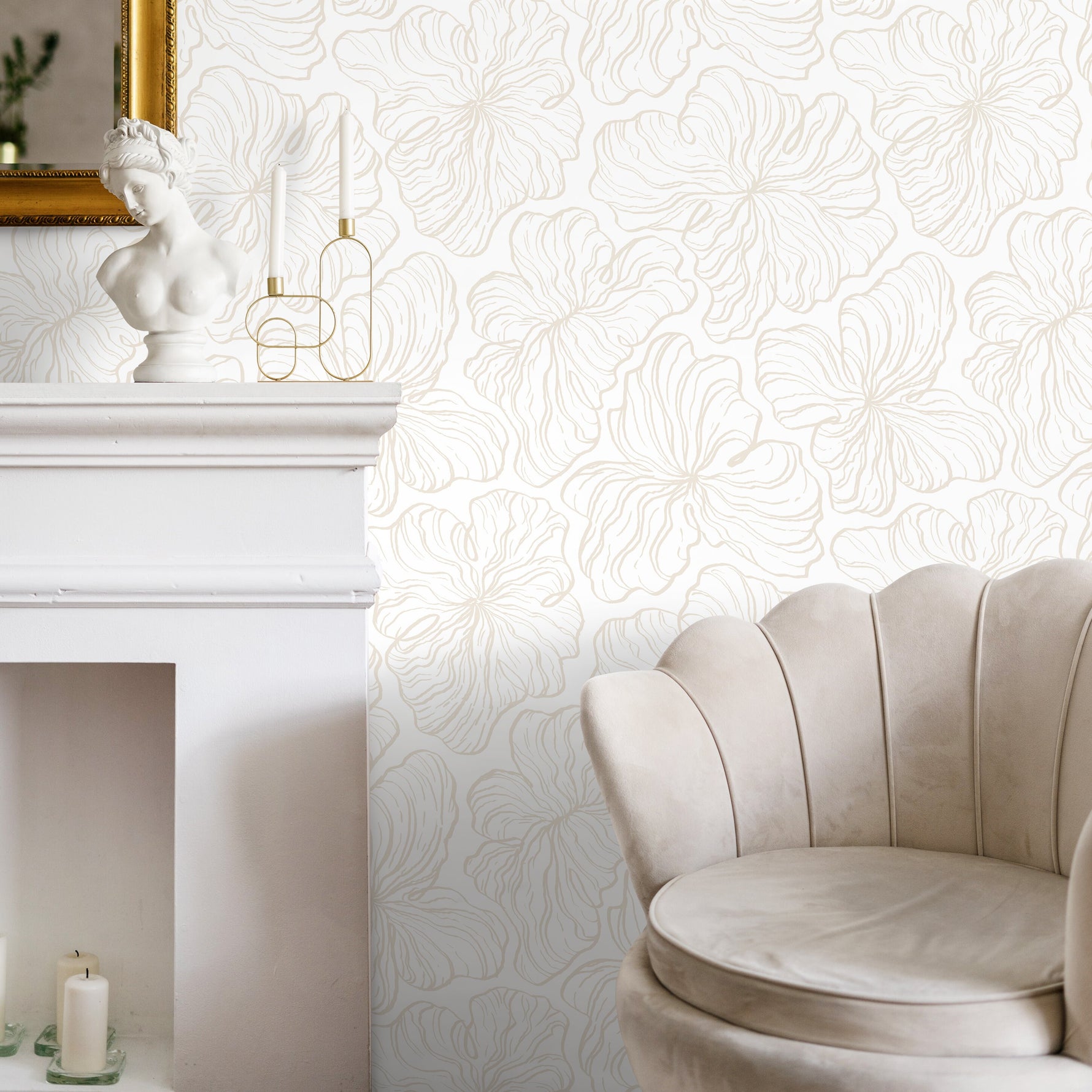 Beige Floral Pattern Wallpaper / Peel and Stick Wallpaper Removable Wallpaper Home Decor Wall Art Wall Decor Room Decor - C669