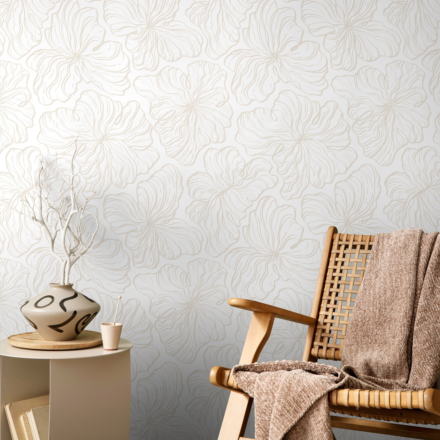 Beige Floral Pattern Wallpaper / Peel and Stick Wallpaper Removable Wallpaper Home Decor Wall Art Wall Decor Room Decor - C669