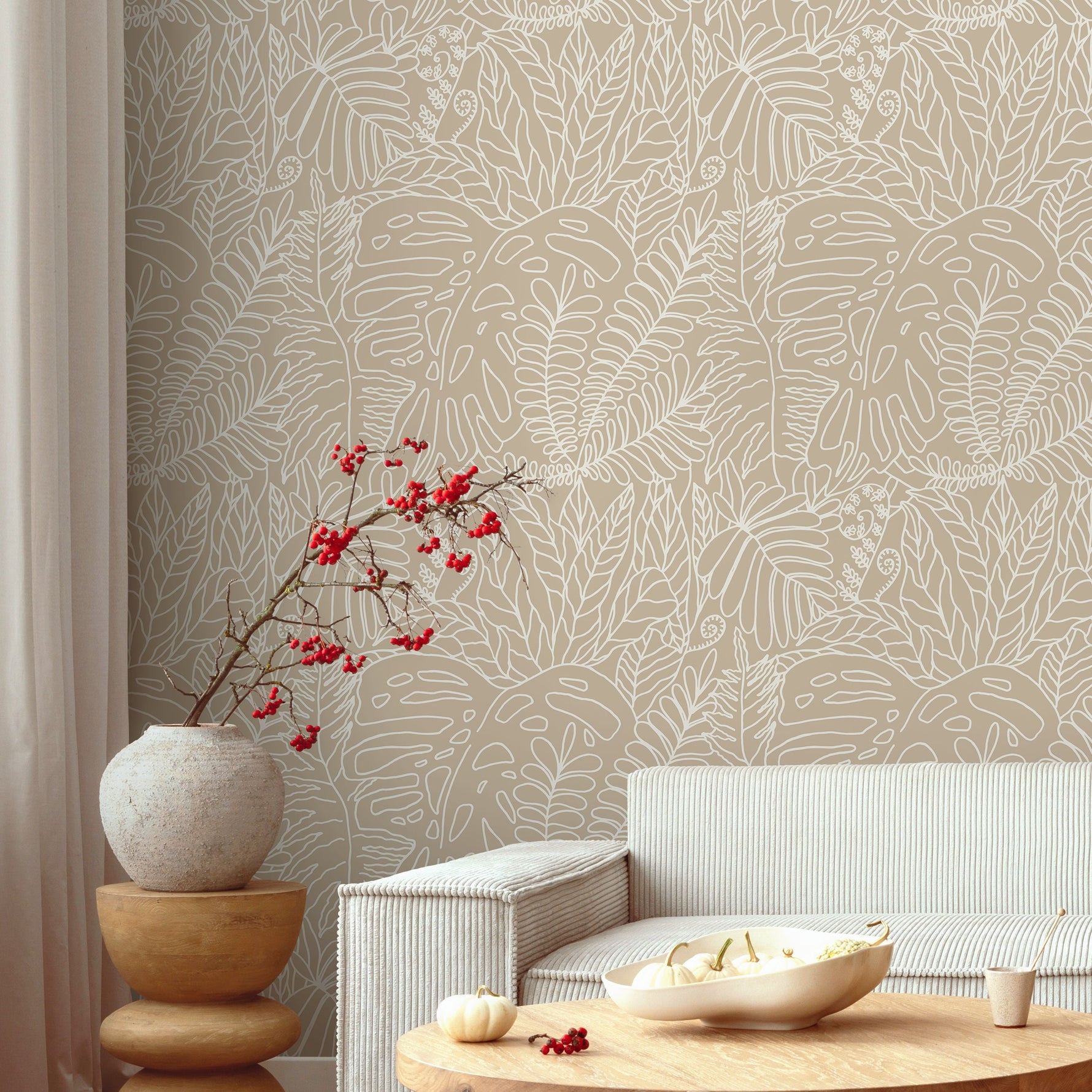 Beige Leaf Boho Wallpaper / Peel and Stick Wallpaper Removable Wallpaper Home Decor Wall Art Wall Decor Room Decor - C945