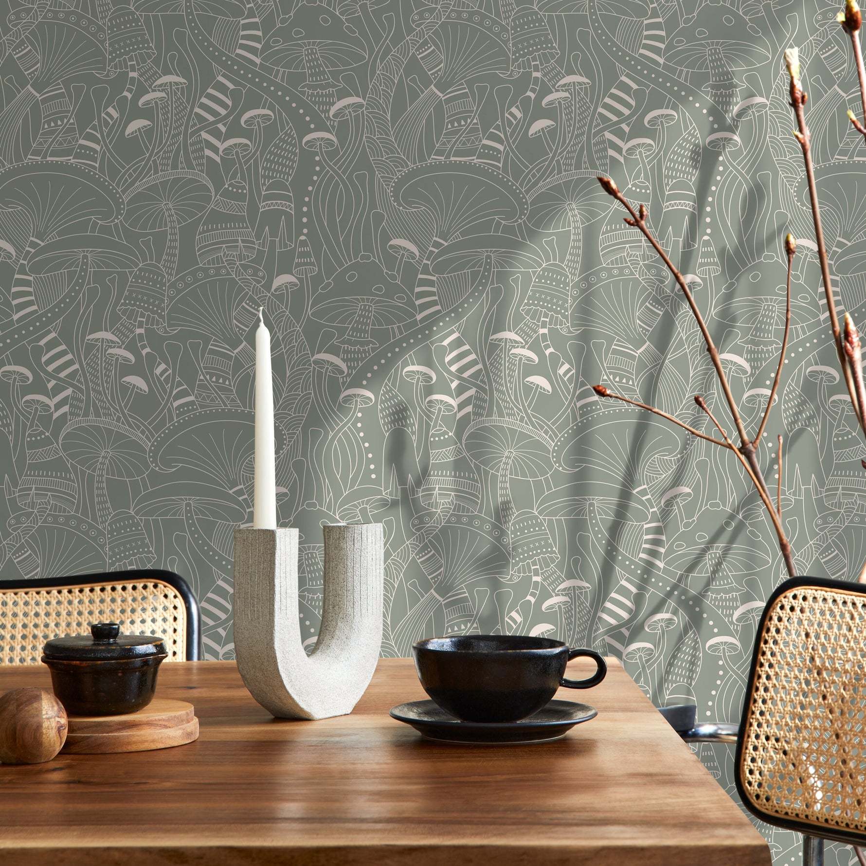 Sage Green Mushroom Wallpaper Modern Peel and Stick and Traditional Wallpaper - D810