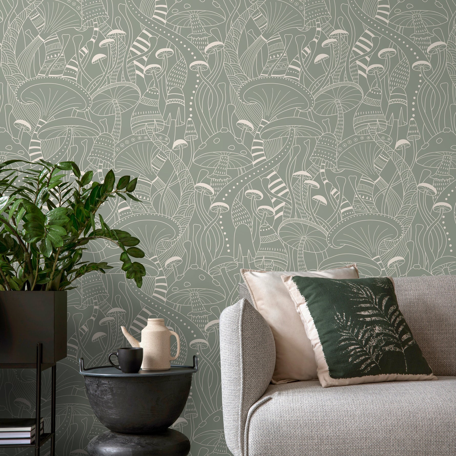 Sage Green Mushroom Wallpaper Modern Peel and Stick and Traditional Wallpaper - D810