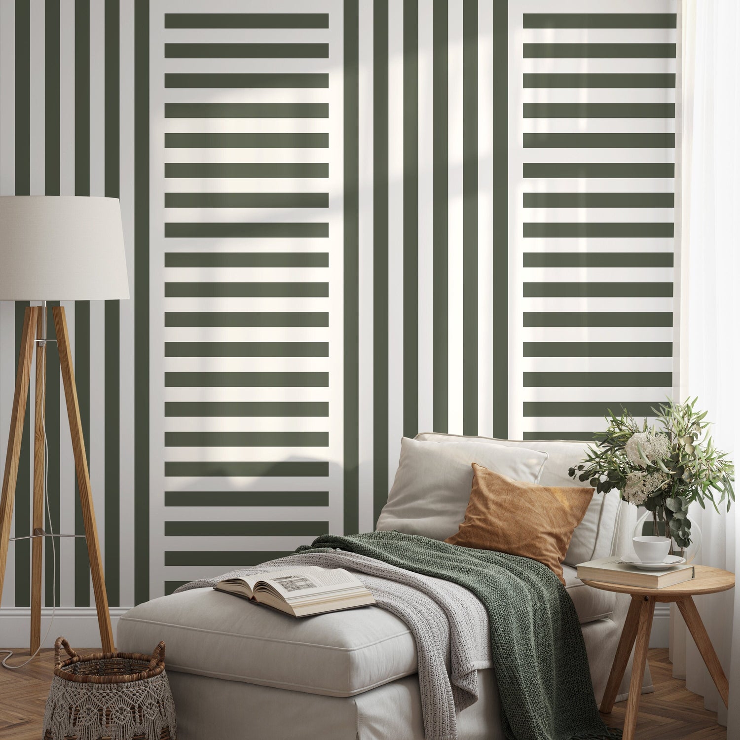 Olive Green Striped Wallpaper Modern Geometric Wallpaper Peel and Stick and Traditional Wallpaper - D735