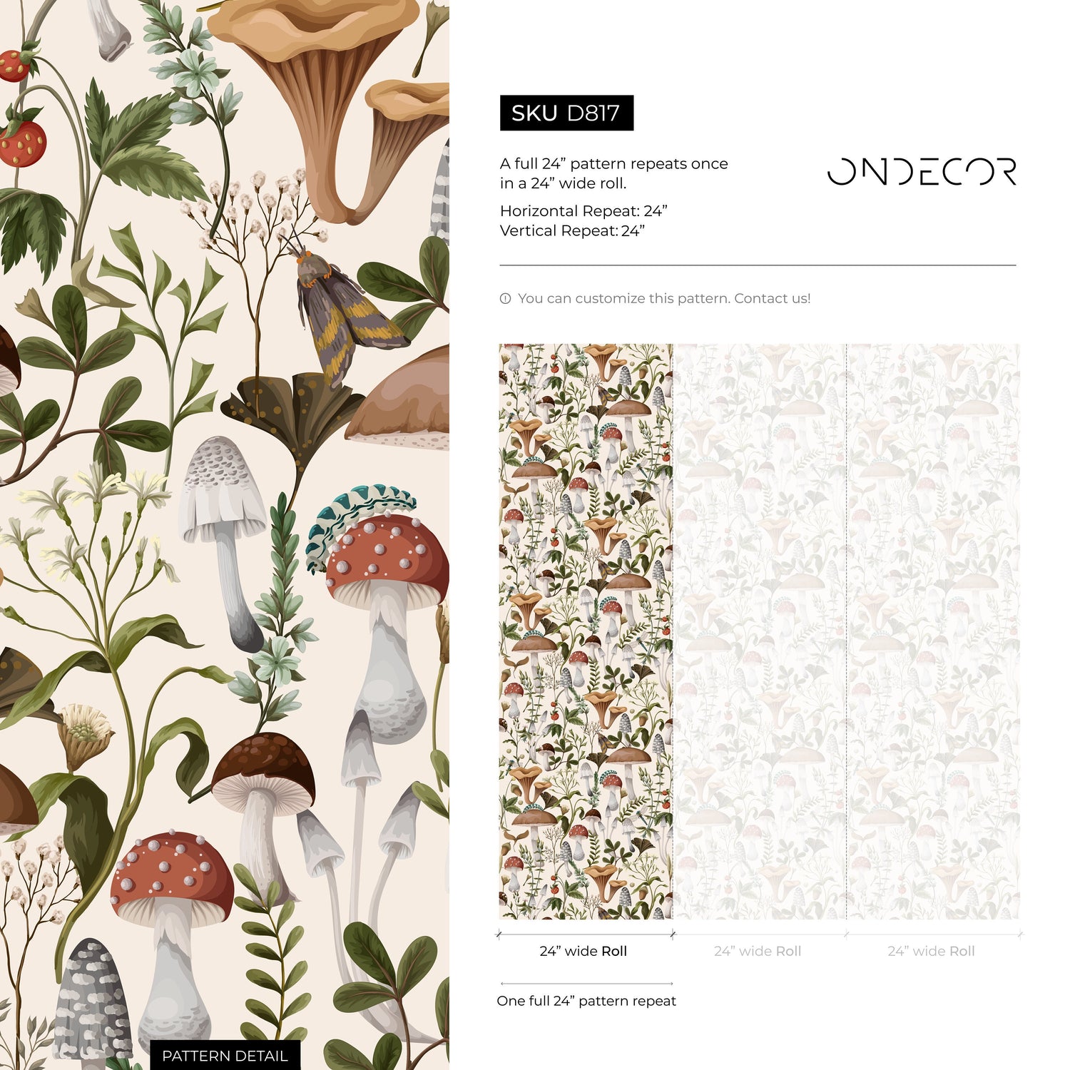 Vintage Mushroom Wallpaper Botanical Wallpaper Peel and Stick and Traditional Wallpaper - D817