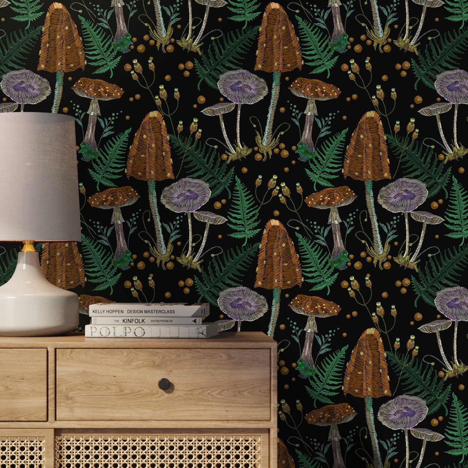 Mushroom Garden Wallpaper Dark Floral Wallpaper Peel and Stick and Traditional Wallpaper - D814