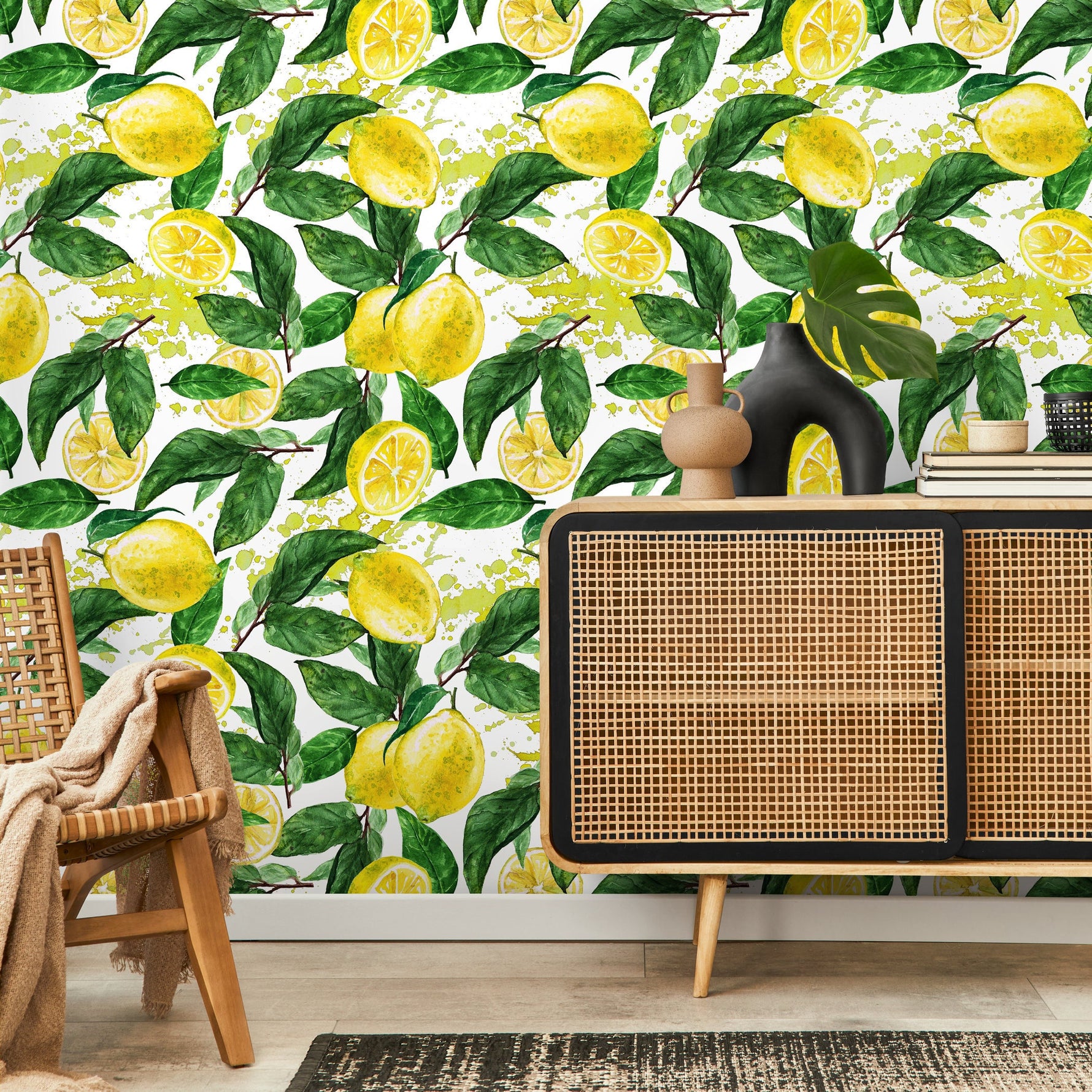 Wallpaper Peel and Stick Wallpaper Removable Wallpaper Home Decor Wall Art Wall Decor Room Decor / Tropical Yellow Lemon Wallpaper - A174