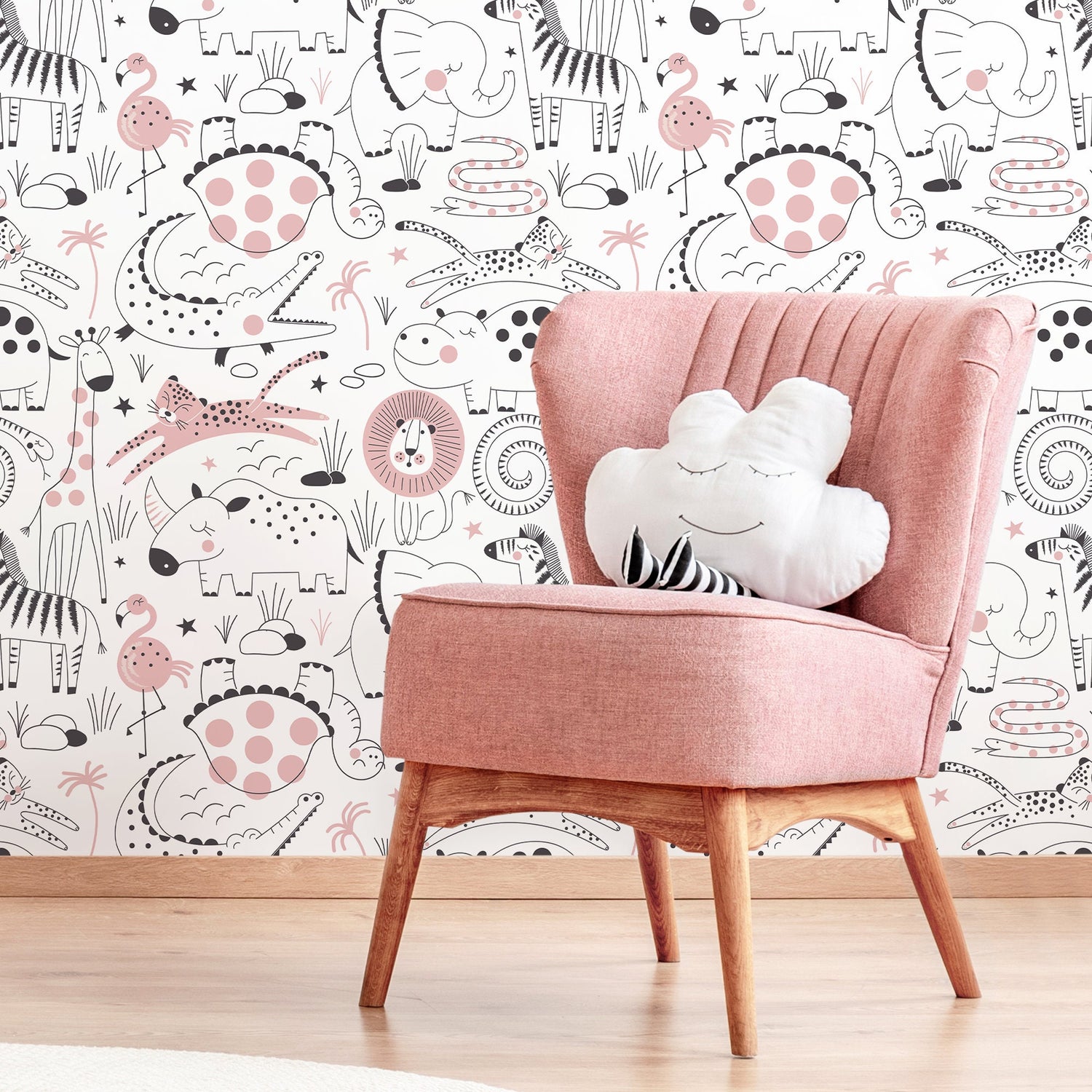 Removable Wallpaper, Scandinavian Wallpaper, Minimalistic Wallpaper, Peel and Stick Wallpaper, Wall Paper, Cute Safari - B544