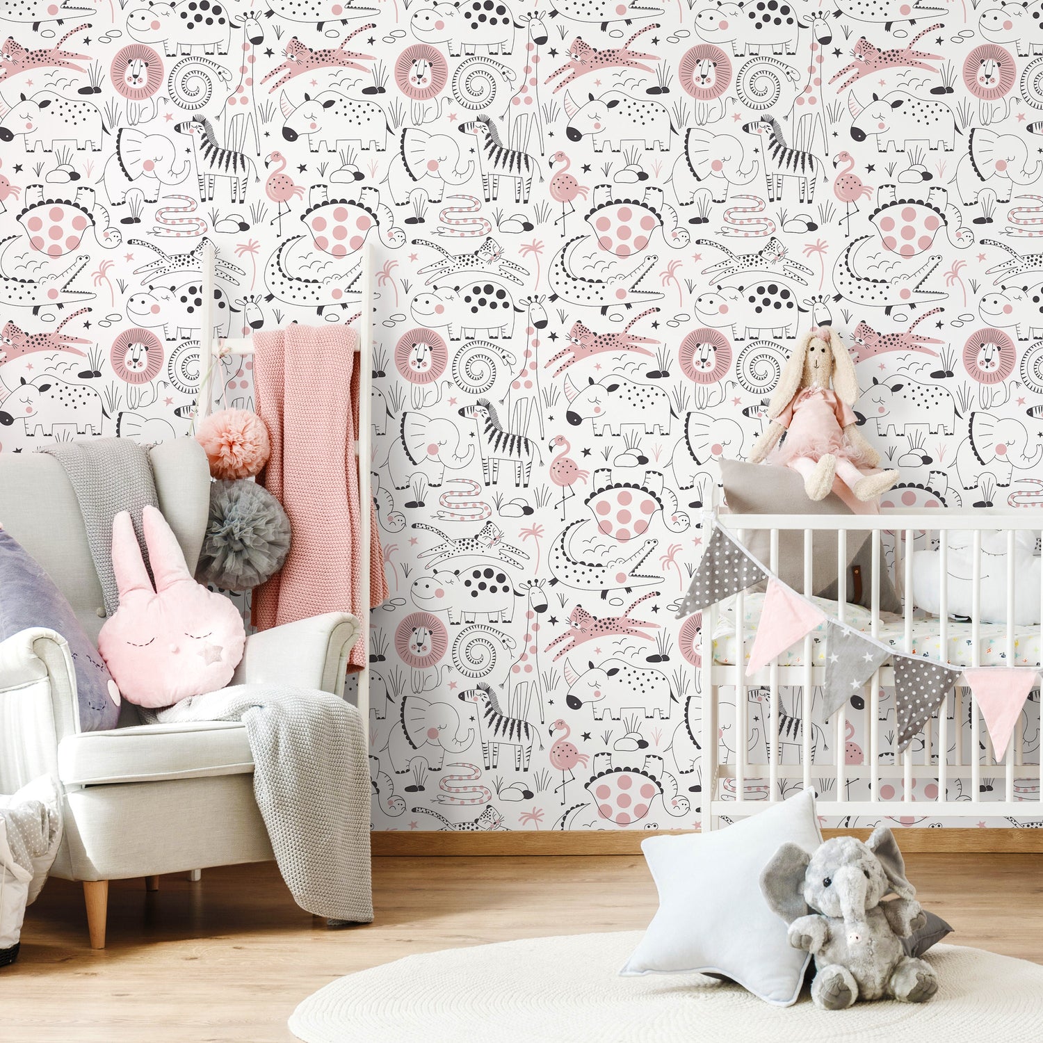 Removable Wallpaper, Scandinavian Wallpaper, Minimalistic Wallpaper, Peel and Stick Wallpaper, Wall Paper, Cute Safari - B544