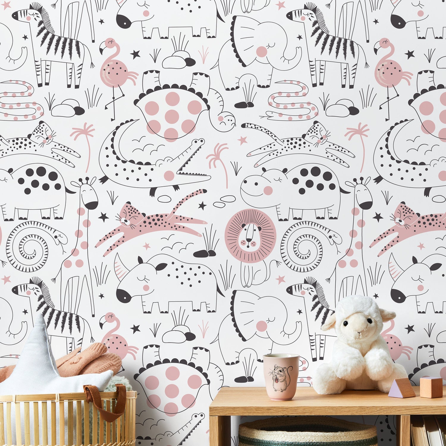 Removable Wallpaper, Scandinavian Wallpaper, Minimalistic Wallpaper, Peel and Stick Wallpaper, Wall Paper, Cute Safari - B544