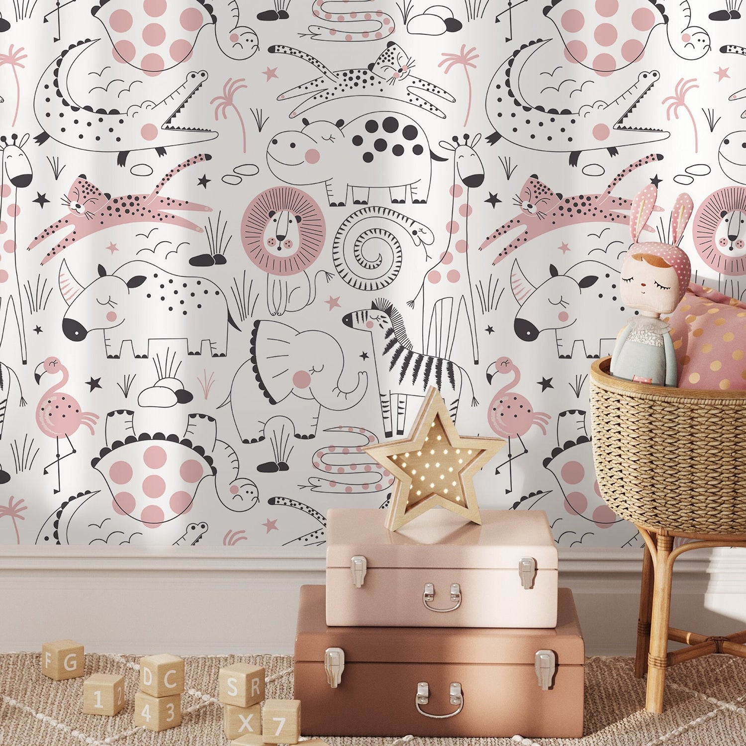 Removable Wallpaper, Scandinavian Wallpaper, Minimalistic Wallpaper, Peel and Stick Wallpaper, Wall Paper, Cute Safari - B544