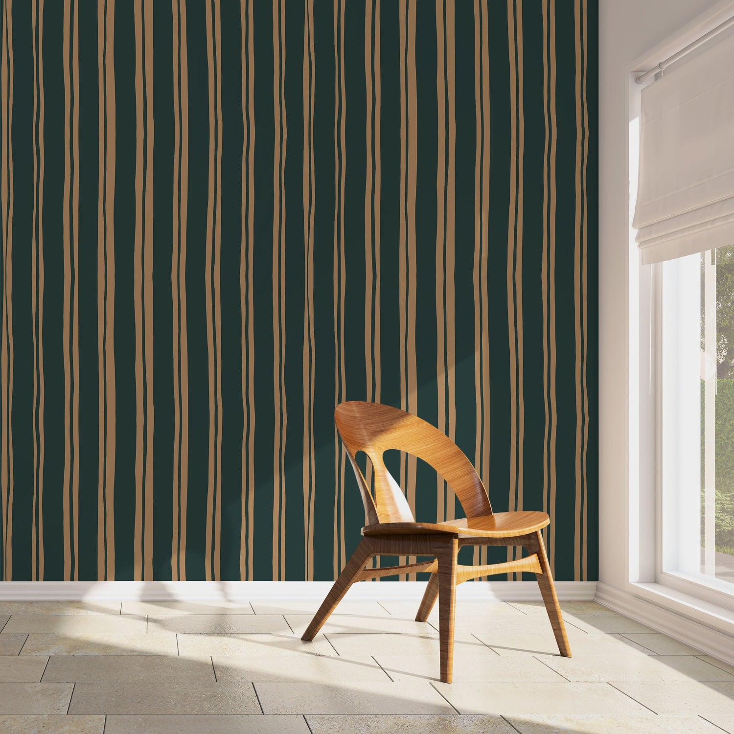 Green and Beige Lines Wallpaper Striped Wallpaper Peel and Stick and Traditional Wallpaper - D766