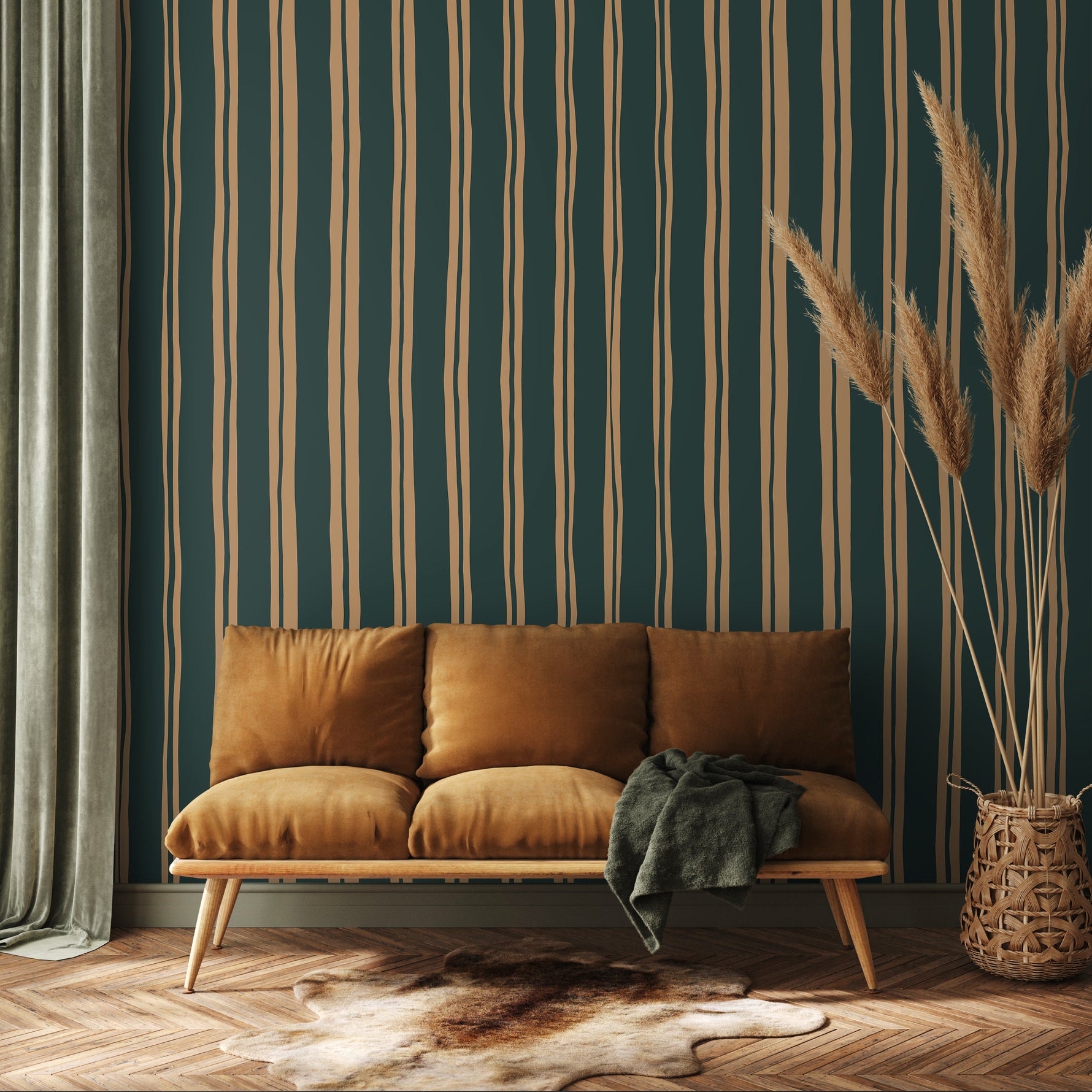 Green and Beige Lines Wallpaper Striped Wallpaper Peel and Stick and Traditional Wallpaper - D766