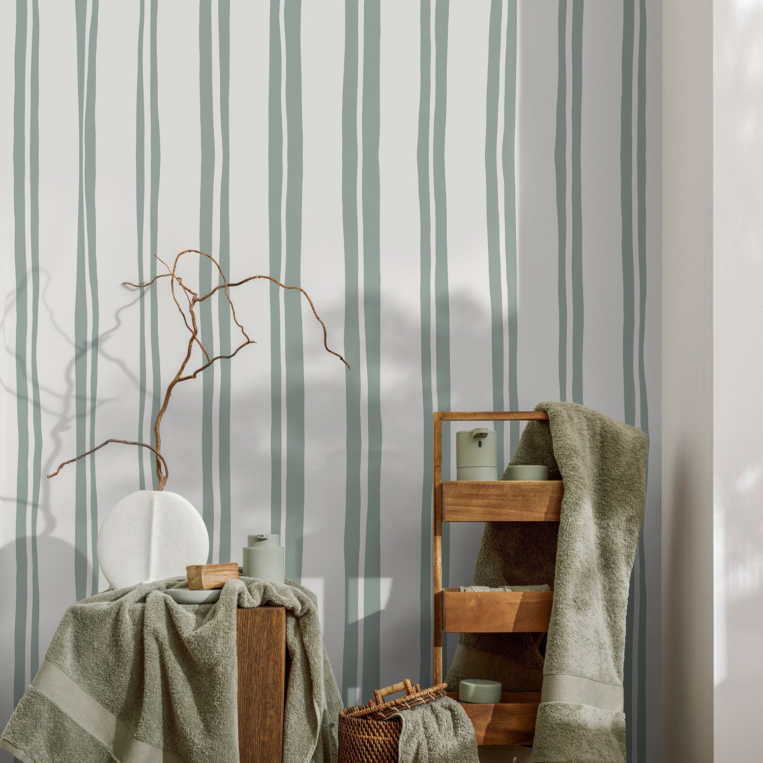 Light Green Lines Wallpaper Boho Striped Wallpaper Peel and Stick and Traditional Wallpaper - D764