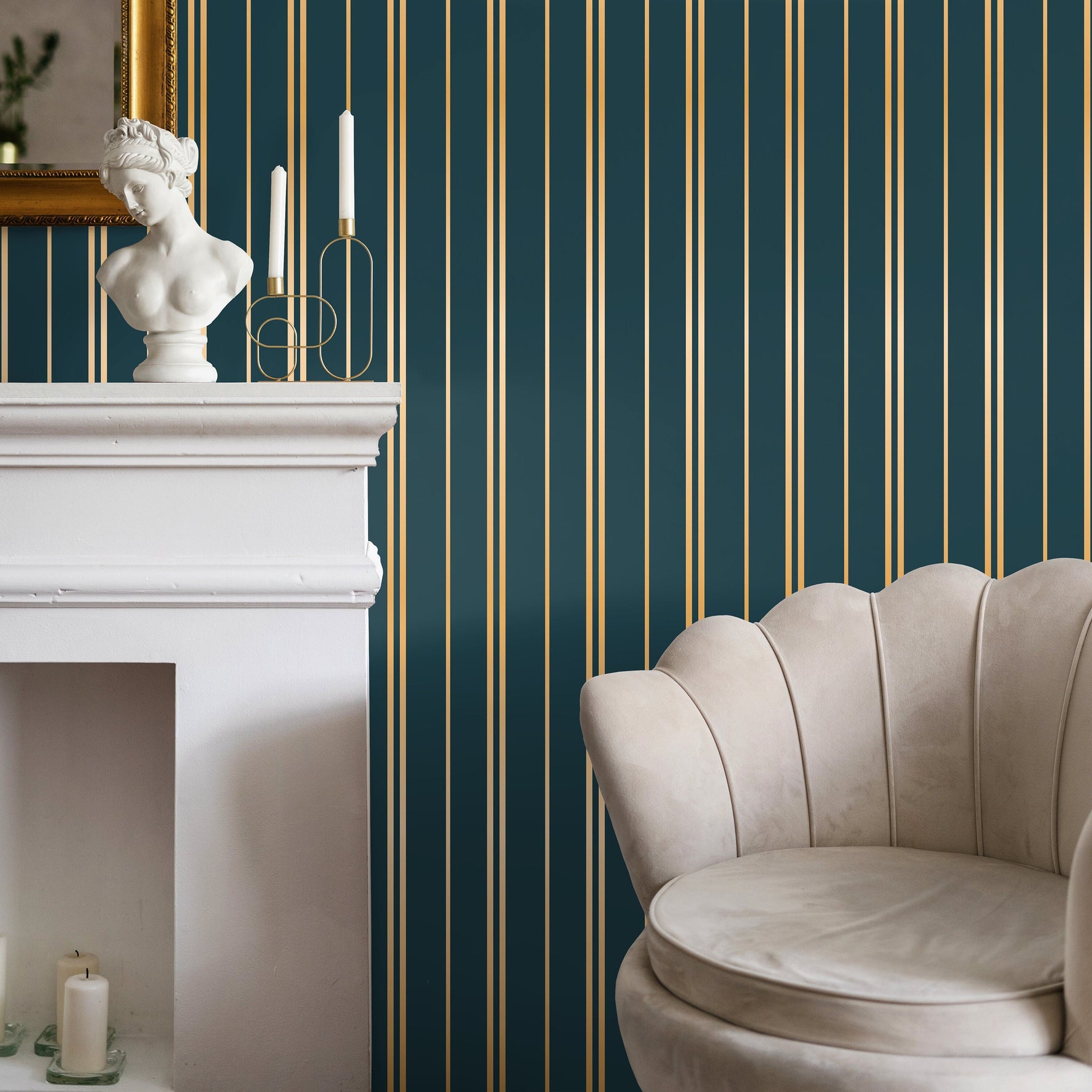 Gold and Green Wallpaper Striped Wallpaper Peel and Stick and Traditional Wallpaper - D770