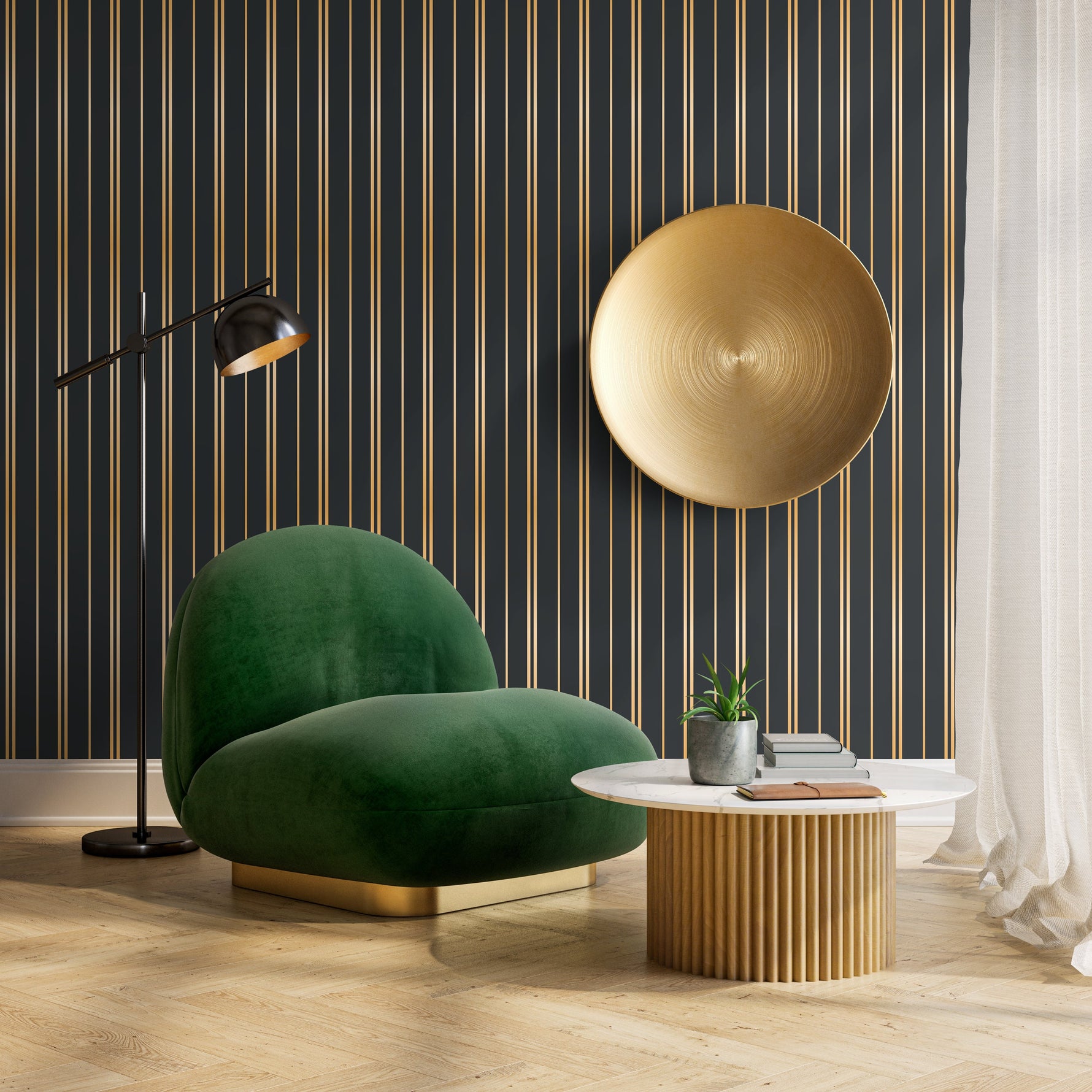 Gold and Green Striped Wallpaper Peel and Stick and Traditional Wallpaper - D771