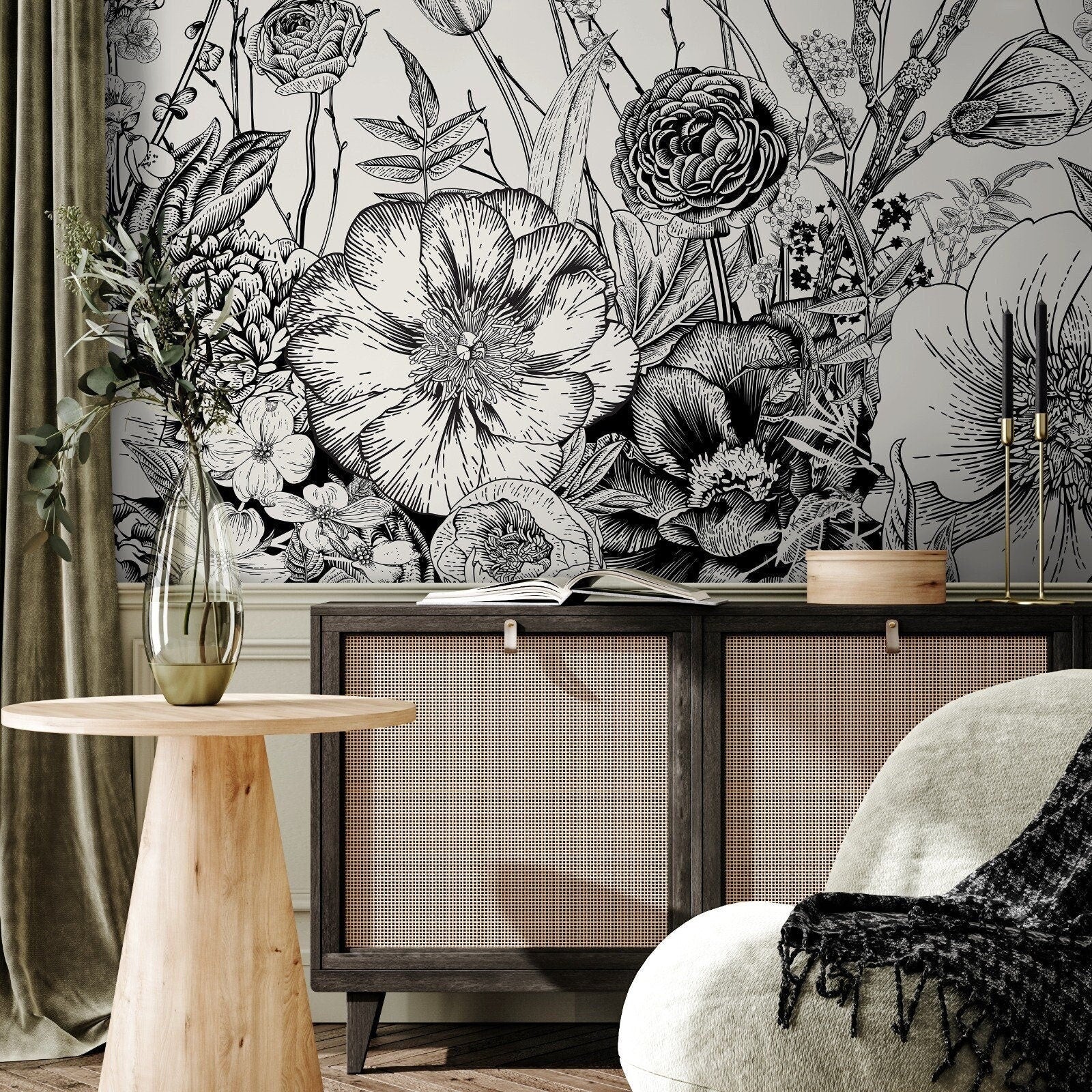 Floral Garden Wallpaper Botanical Peel and Stick and Traditional Wallpaper - A531