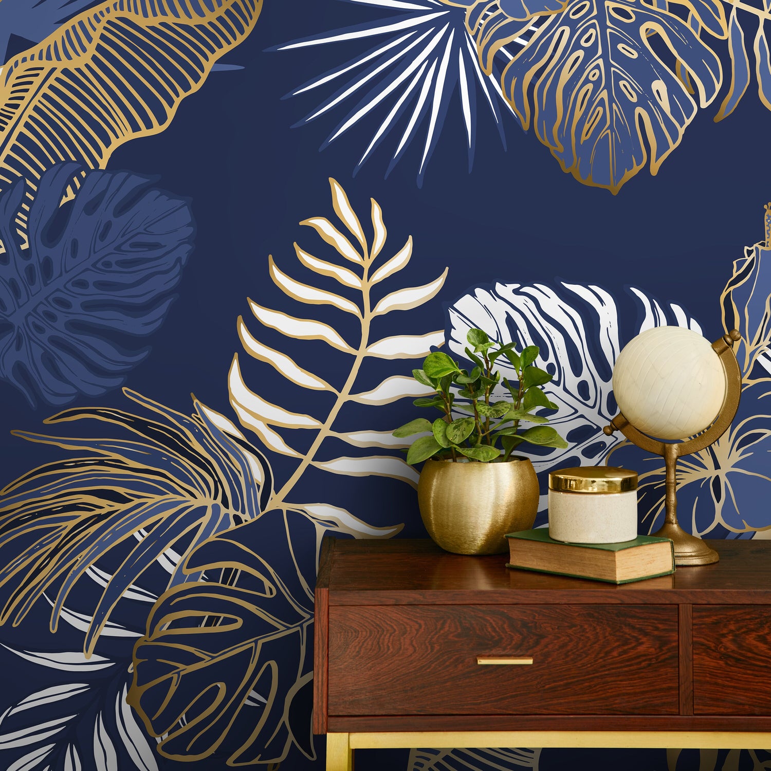 Blue Tropical Leaves Wallpaper Banana Leaf Peel and Stick and Traditional Wallpaper - B024