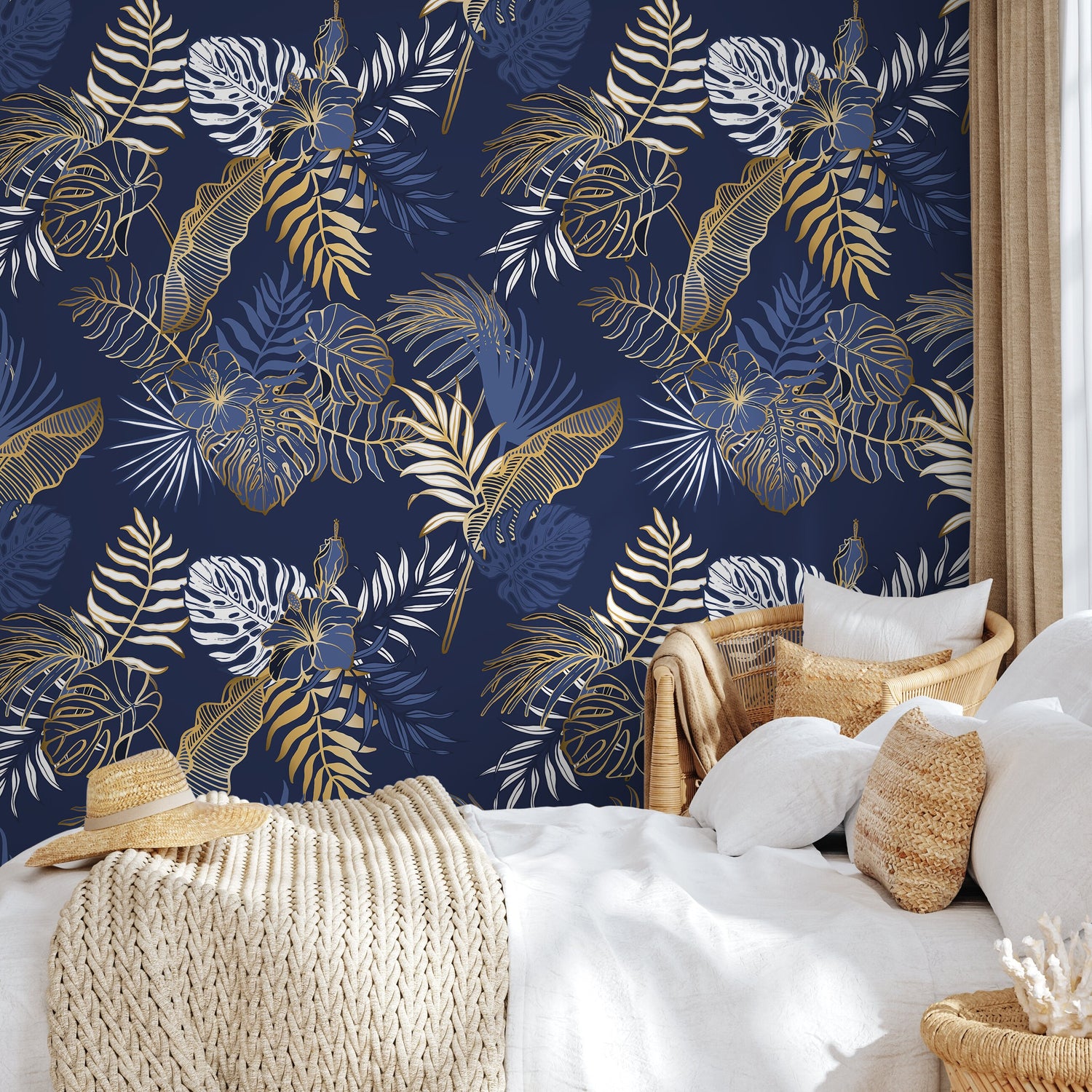 Blue Tropical Leaves Wallpaper Banana Leaf Peel and Stick and Traditional Wallpaper - B024