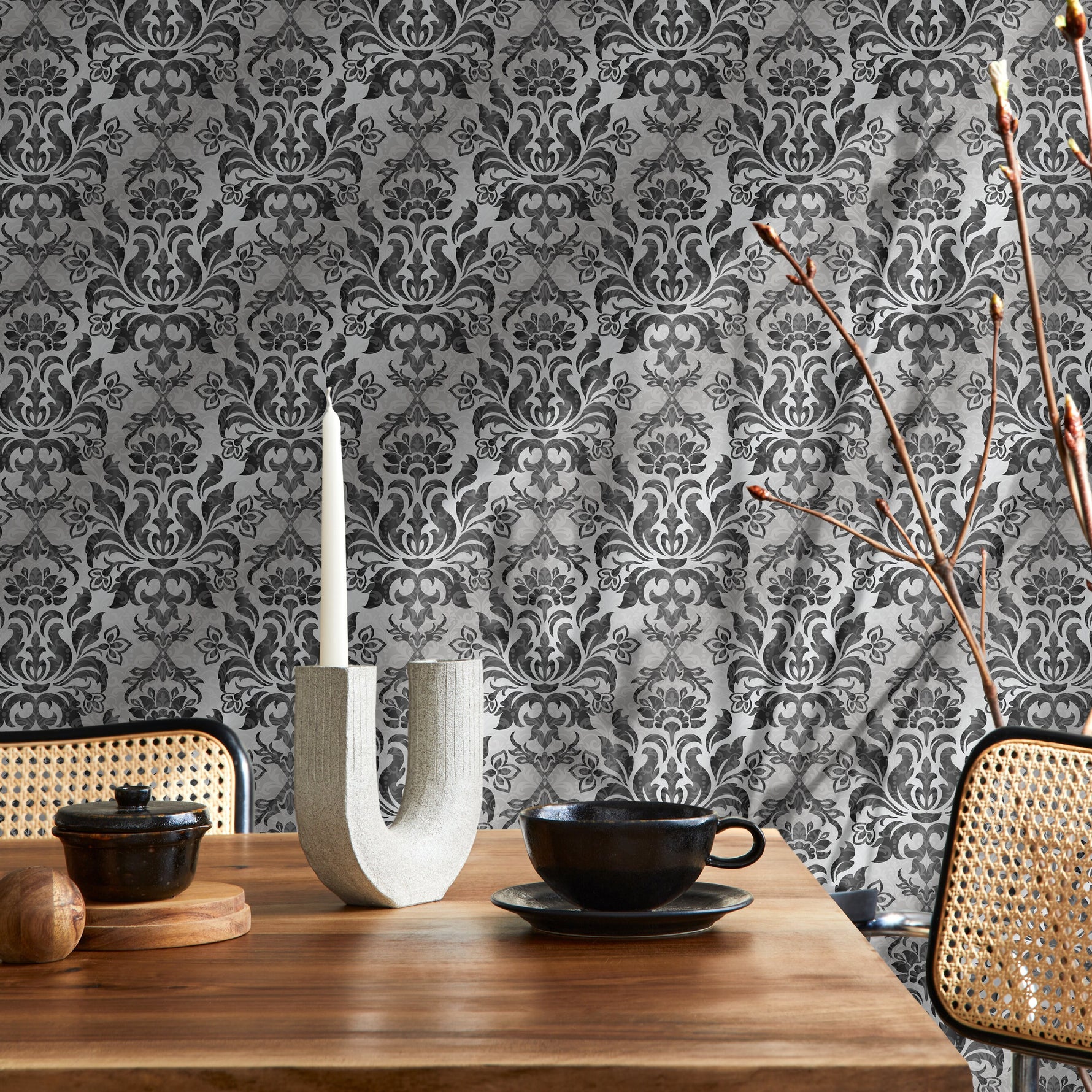 Wallpaper Peel and Stick Wallpaper Removable Wallpaper Home Decor Wall Art Wall Decor Room Decor / Vintage Black Damask Wallpaper - B734