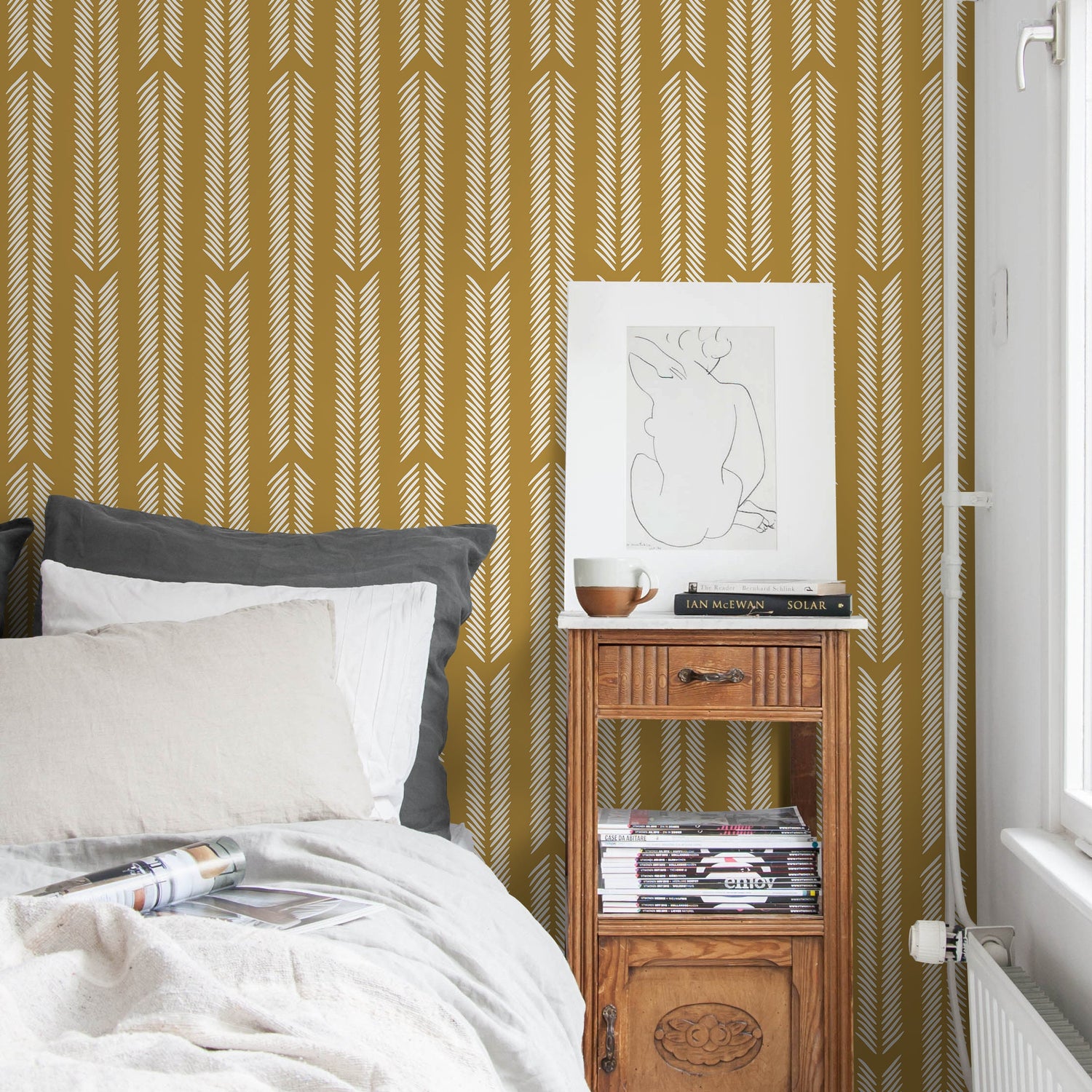 Mustard Herringbone Wallpaper Minimalist Wallpaper Peel and Stick and Traditional Wallpaper - D801