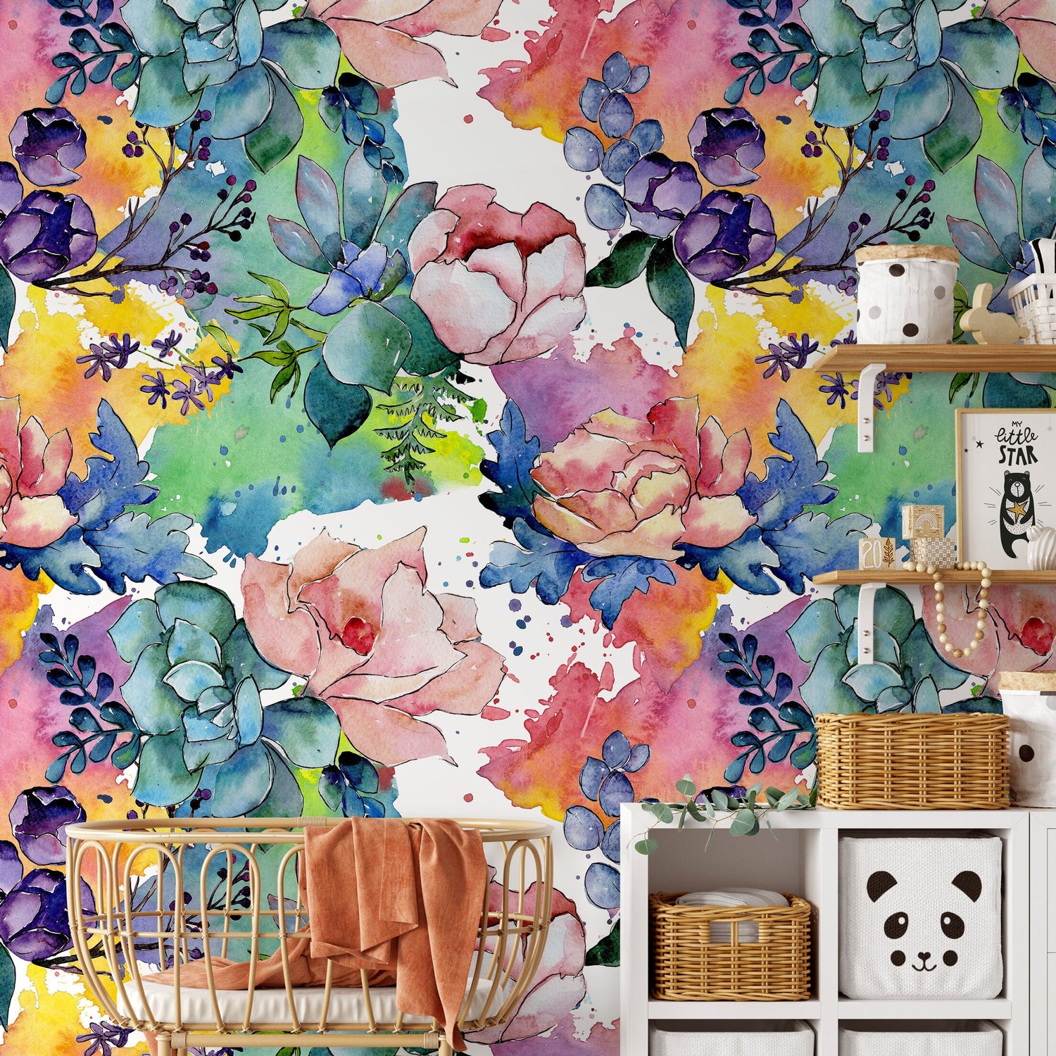 Floral Watercolor Wallpaper Peel and Stick and Traditional Wallpaper Colorful Wallpaper - B064