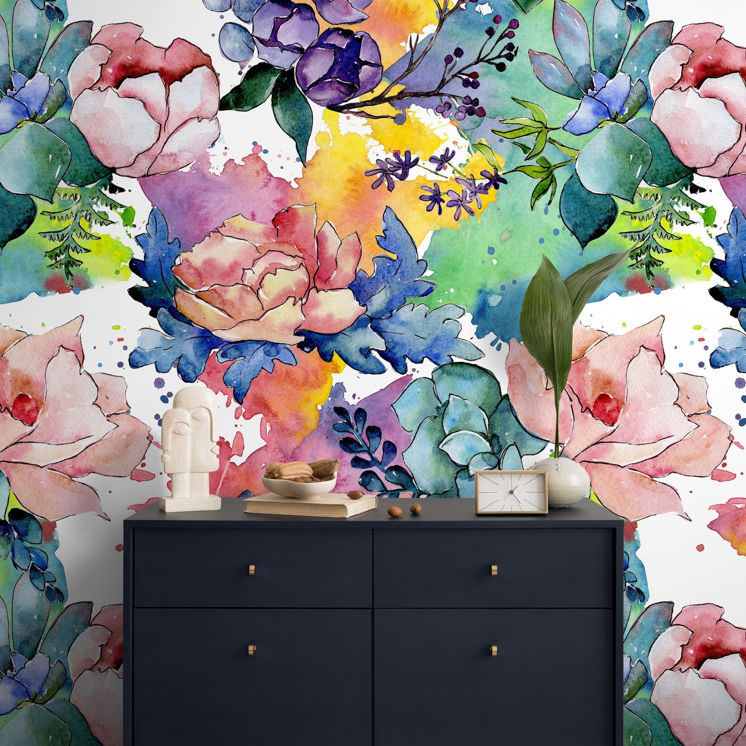 Floral Watercolor Wallpaper Peel and Stick and Traditional Wallpaper Colorful Wallpaper - B064