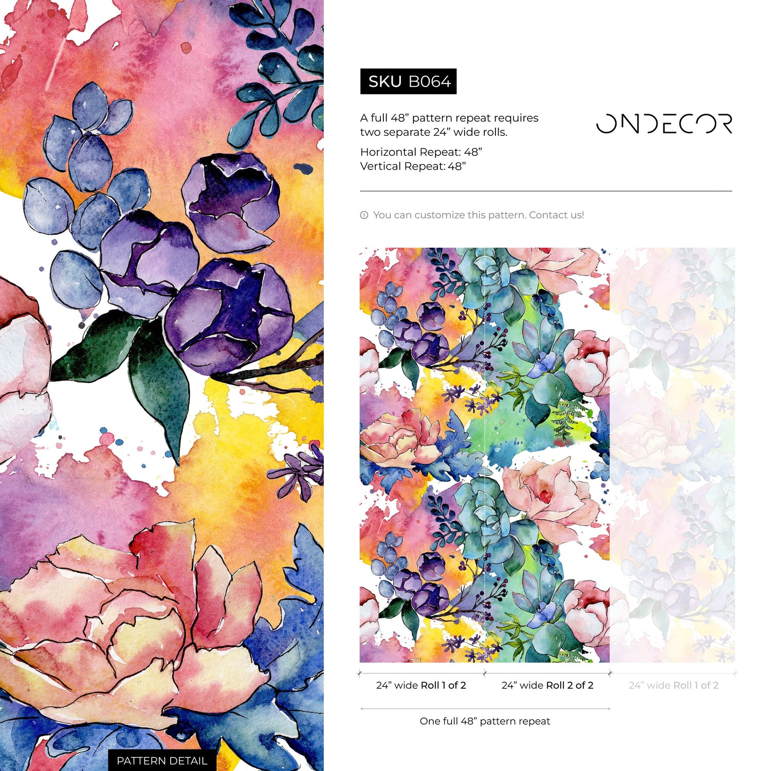 Floral Watercolor Wallpaper Peel and Stick and Traditional Wallpaper Colorful Wallpaper - B064